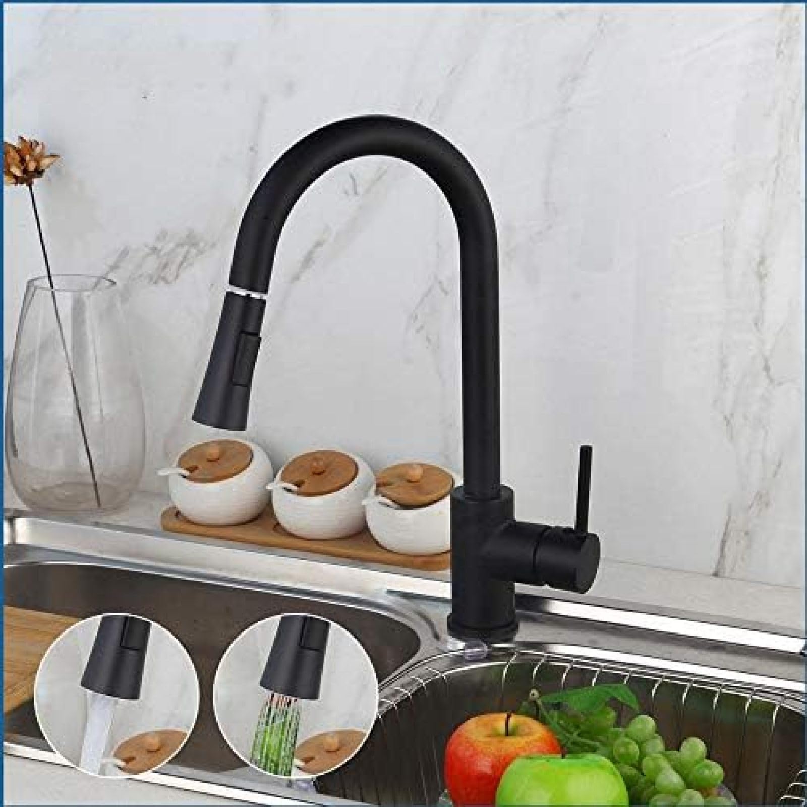 CRJUS Black Solid Brass Pull-Out Kitchen Faucet with 360° Swivel Sprayer - High-End Roasted Finish Basin Sink Tap for Modern Kitchens | Perfect for Washing Dishes, Filling Pots & Cleaning Vegetables