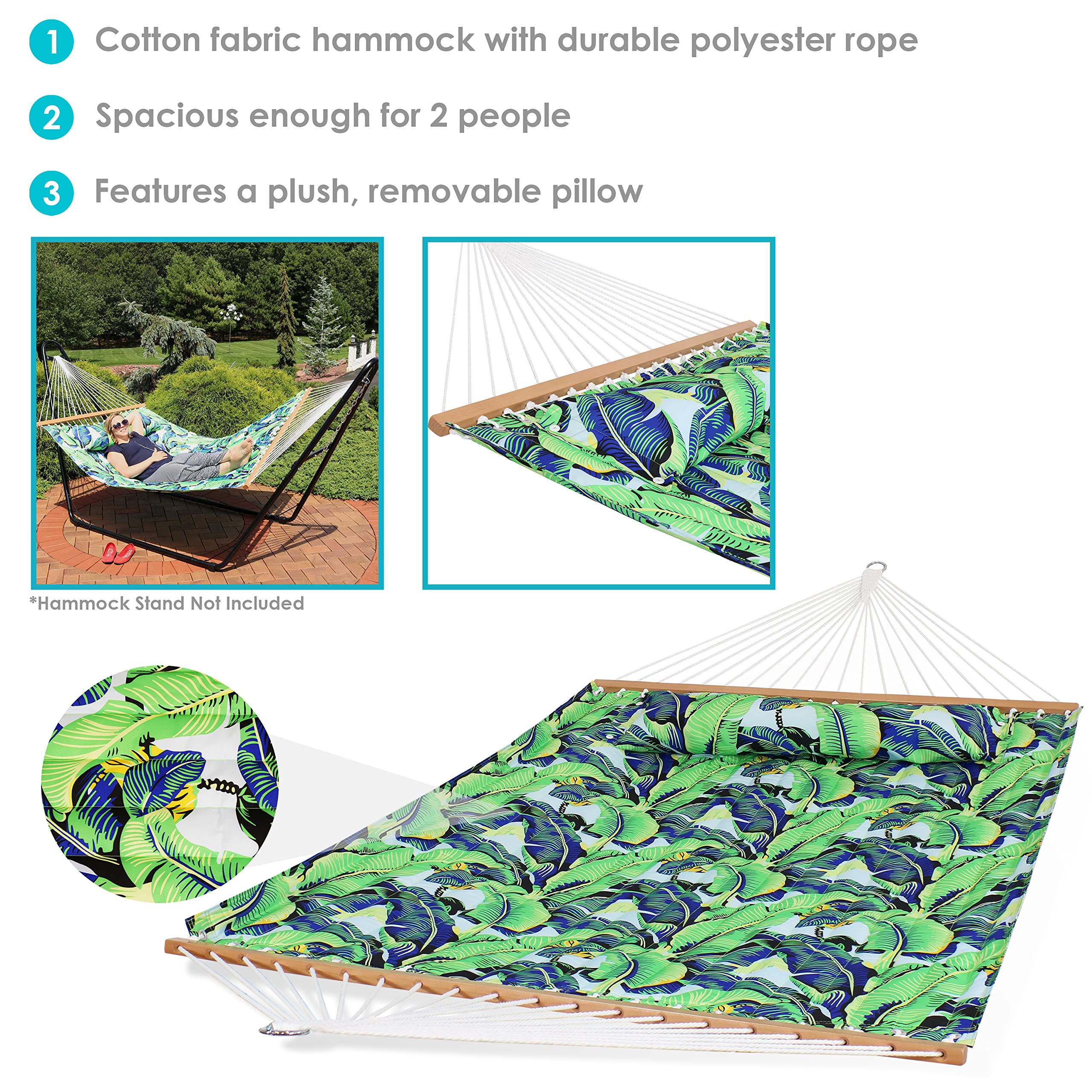 Premium 2-Person Hammock Set with Stand - Sunnydaze Exotic Foliage Printed Quilted Fabric, S-Hooks & Hanging Chains, 450lb Capacity Heavy-Duty Steel Frame - Perfect for Backyard Relaxation, Camping & Patio Lounging