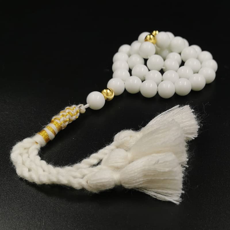 Premium White Ceramic Muslim Prayer Beads with Gold Accents - 8mm x 45 Beads Islamic Tasbih Misbaha Rosary for Ramadan, Eid & Daily Dhikr - Elegant Turkish Tassel Accessory for Prayer, Meditation & Spiritual Gifts