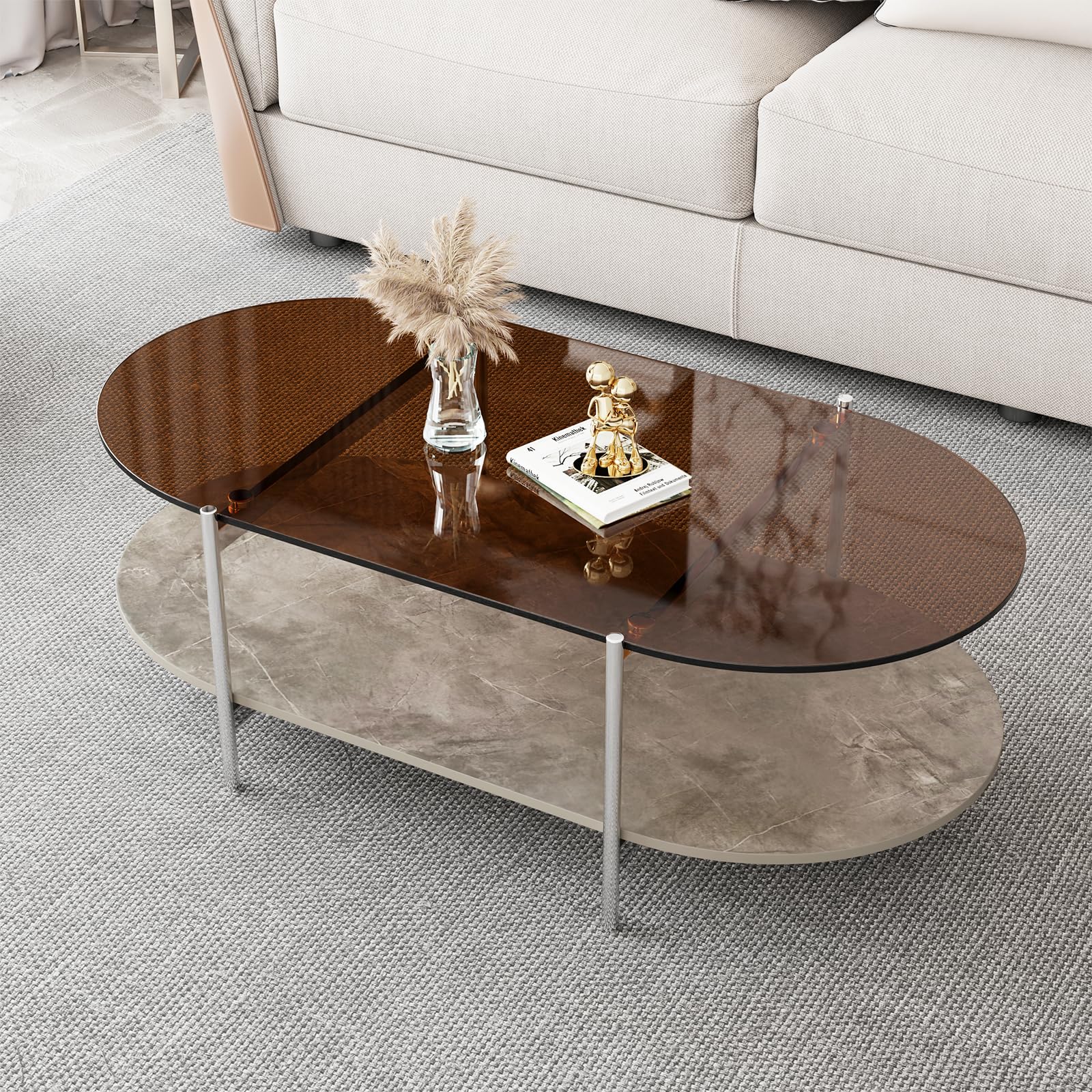 Jiexi Tempered Glass & MDF Wood Coffee Table - 2-Tier Modern Side Table with Storage Shelf - Living Room Center Table for Home & Office - Perfect for Small Spaces, Apartments and Lounge Areas