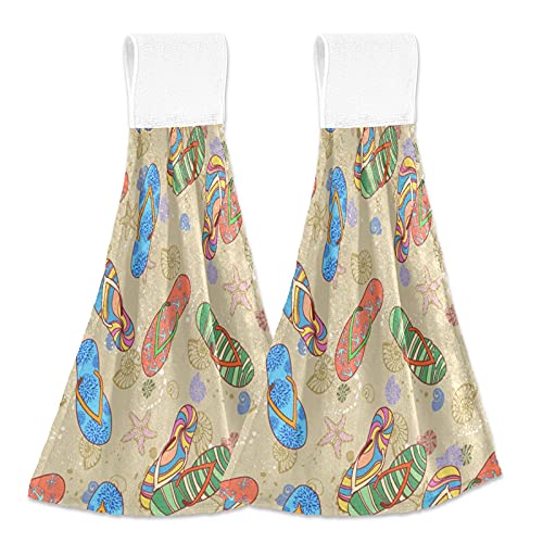2 Pack Soft Microfiber Beach Hanging Kitchen Towels with Loop - Starfish & Seashell Design, Absorbent Coral Velvet Dish Towels for Bathroom, Kitchen, Summer Decor - Perfect as Hand Towels, Washcloths, and Decorative Tie Towels for Coastal Homes