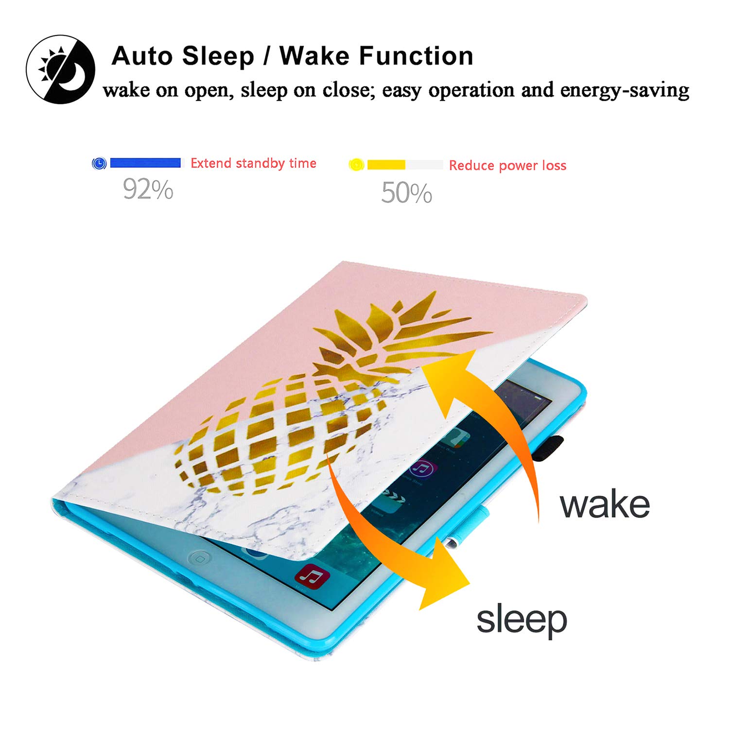 Premium Magnetic PU Leather Smart Case for Apple iPad 9.7 (6th/5th Gen 2018/2017) & iPad Air/Air 2 - Folio Stand Cover with Auto Sleep/Wake, Card Slots & Pencil Holder - Golden Pineapple Marble Design | Perfect for Work, Travel & Home Office Use