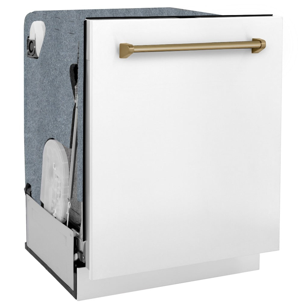 ZLINE Autograph Edition 24 Inch Monument Series 3rd Rack Top Touch Control Tall Tub Dishwasher - White Matte with Champagne Bronze Handle, 45dBa Ultra Quiet (DWMTZ WM 24 CB) | Perfect for Modern Kitchens, Open Concept Homes & Luxury Apartments
