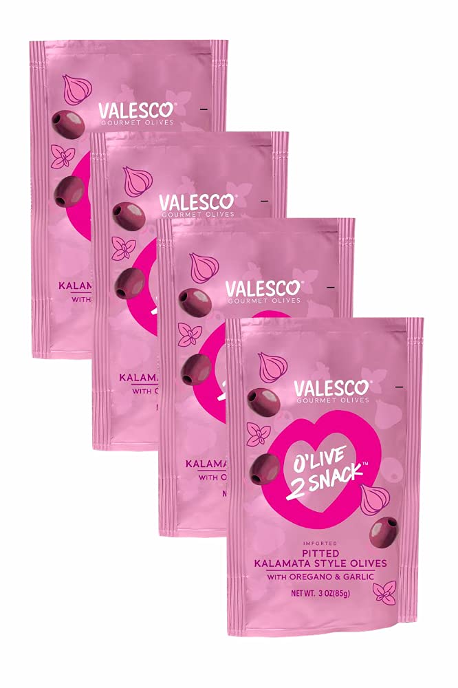 Valesco Gourmet Pitted Kalamata Olives with Oregano & Garlic - 3 oz (Pack of 4) | Healthy Mediterranean Snack for Charcuterie Boards, Salads & Cocktail Parties