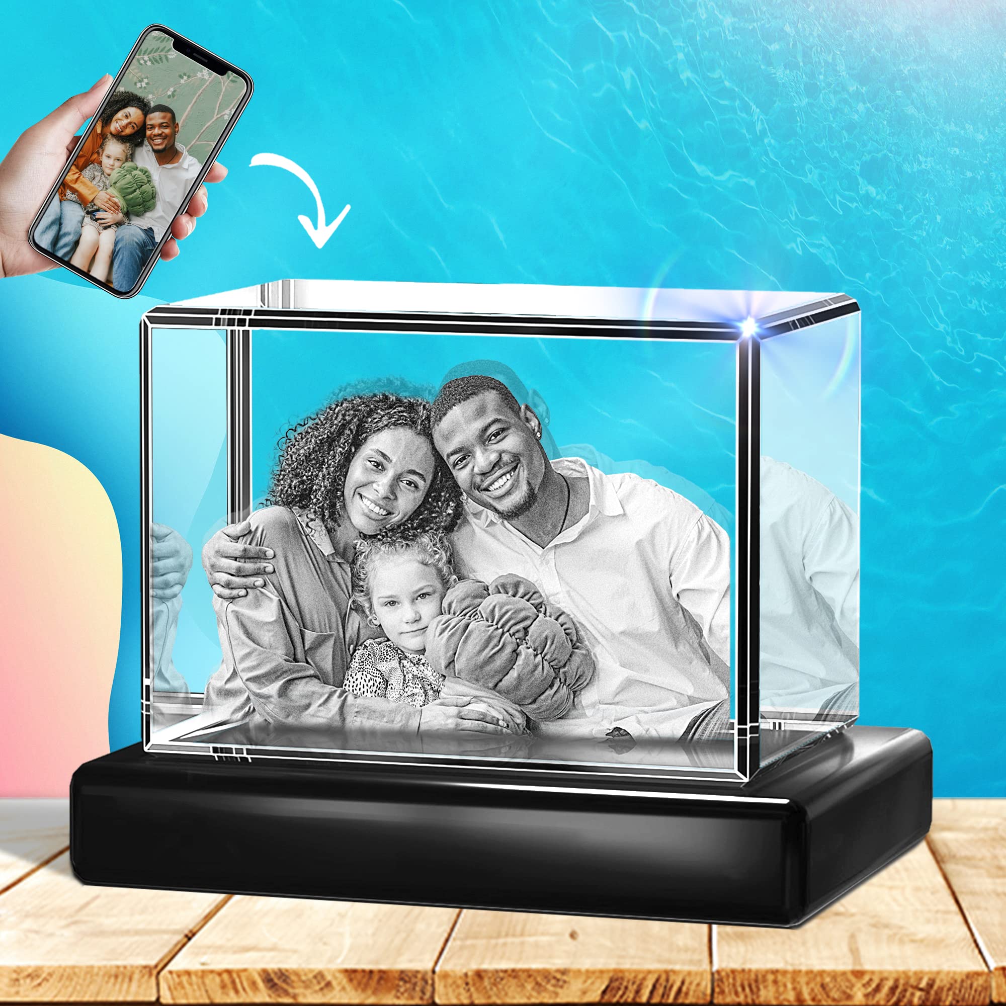 Eternalart Personalized 3D Crystal Photo with LED Light - Custom Engraved Glass Picture Gift for Mom, Grandma, Couples - Anniversary, Birthday Present for Her, Him from Daughter, Son - Perfect for Home Decor, Wedding, Valentine's Day