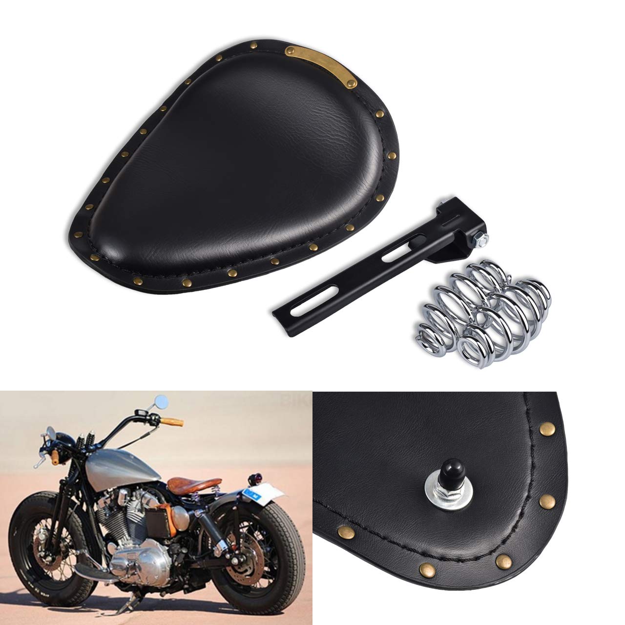 Harley Motorcycle Solo Seat Cushion with Baseplate & Spring - Comfortable Seat Pad & Saddle Bracket for Harley, Honda, Yamaha, Kawasaki (Black) - Perfect for Long Rides & Custom Bike Builds