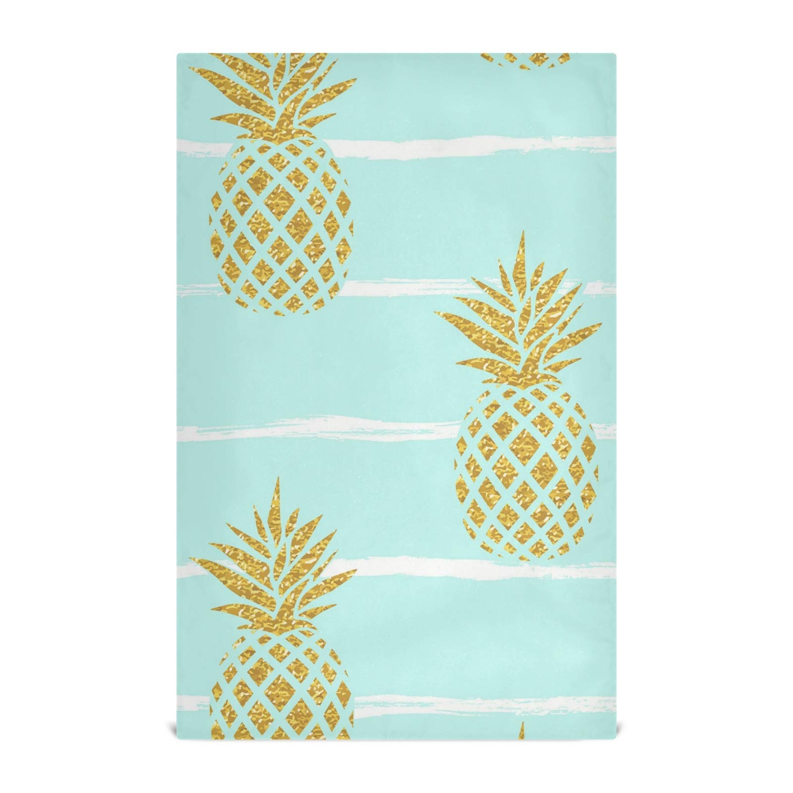 Summer Gold Pineapple on Turquoise Stripes Set of 6 Polyester Kitchen Dish Towels - Waffle Weave Dishcloths, Hemmed Napkins & Hand Bar Tea Towels with Hanging Loop - Perfect for Kitchen, Dining & Hosting Gifts
