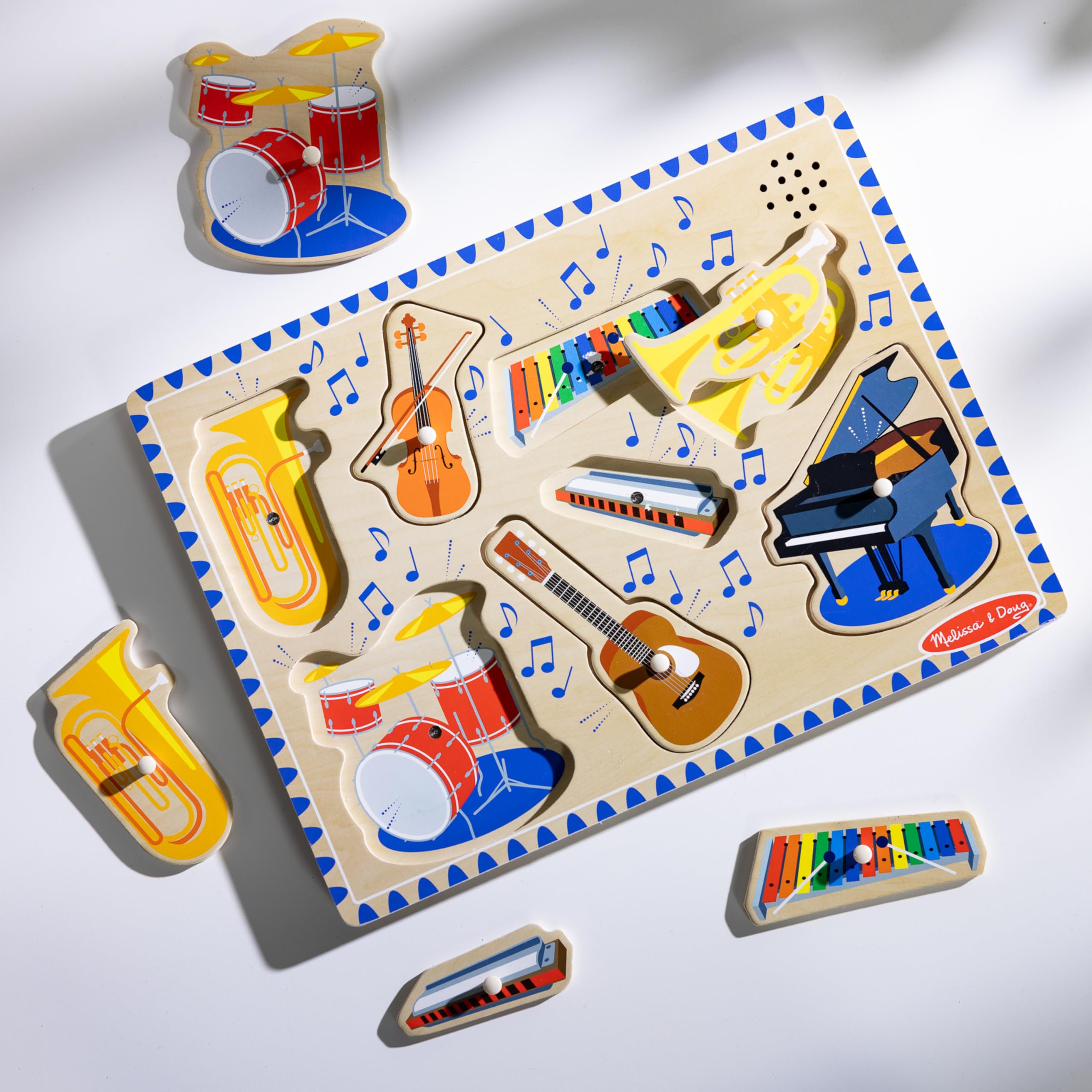 Melissa & Doug Wooden Musical Instruments Sound Puzzle - 8-Piece Light-Activated Peg Puzzle with Sound Effects | Educational Music Toy for Toddlers & Preschoolers Ages 2+ | Perfect for Early Learning, Sensory Play & Birthday Gifts