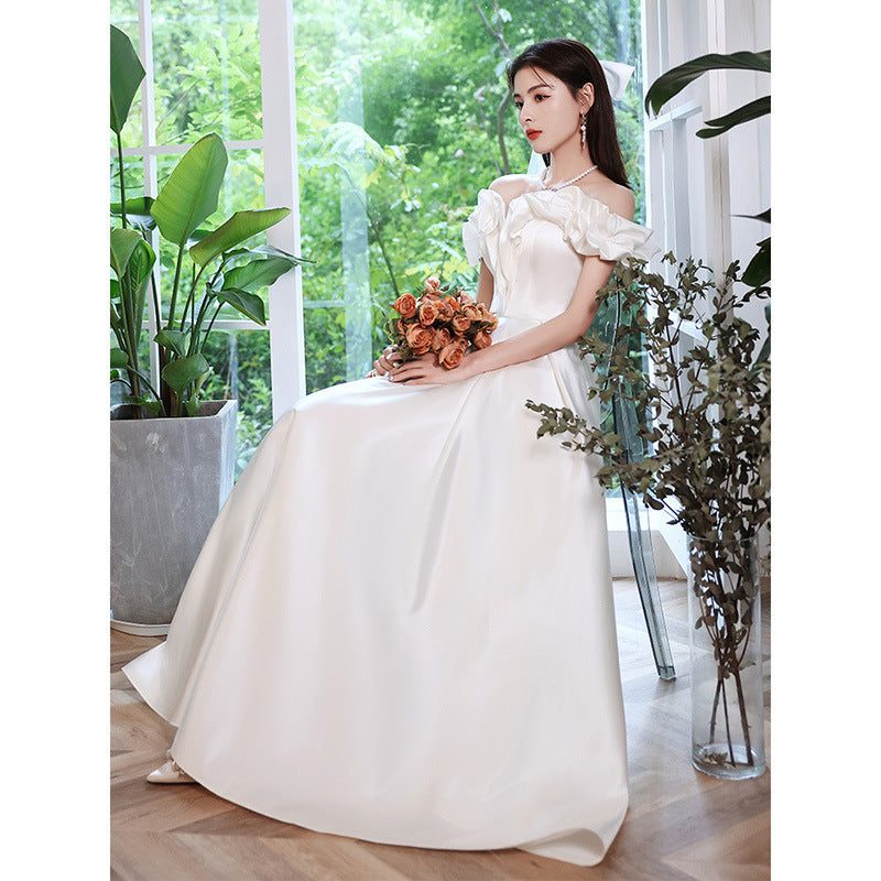Off Shoulder Satin White Wedding Dress - A-Line Prom Gown with Lace Details | Perfect for Bridal, Formal Events & Special Occasions