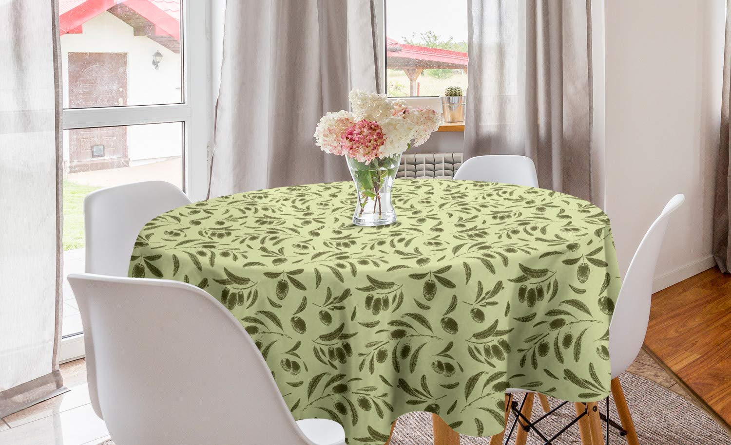 Ambesonne Vintage Botanical Round Tablecloth - 60 Inch Olive Branch & Leaf Pattern, Pastel Green & Army Green, Perfect for Dining Room & Kitchen Decor | Ideal for Dinner Parties, Holidays & Home Styling