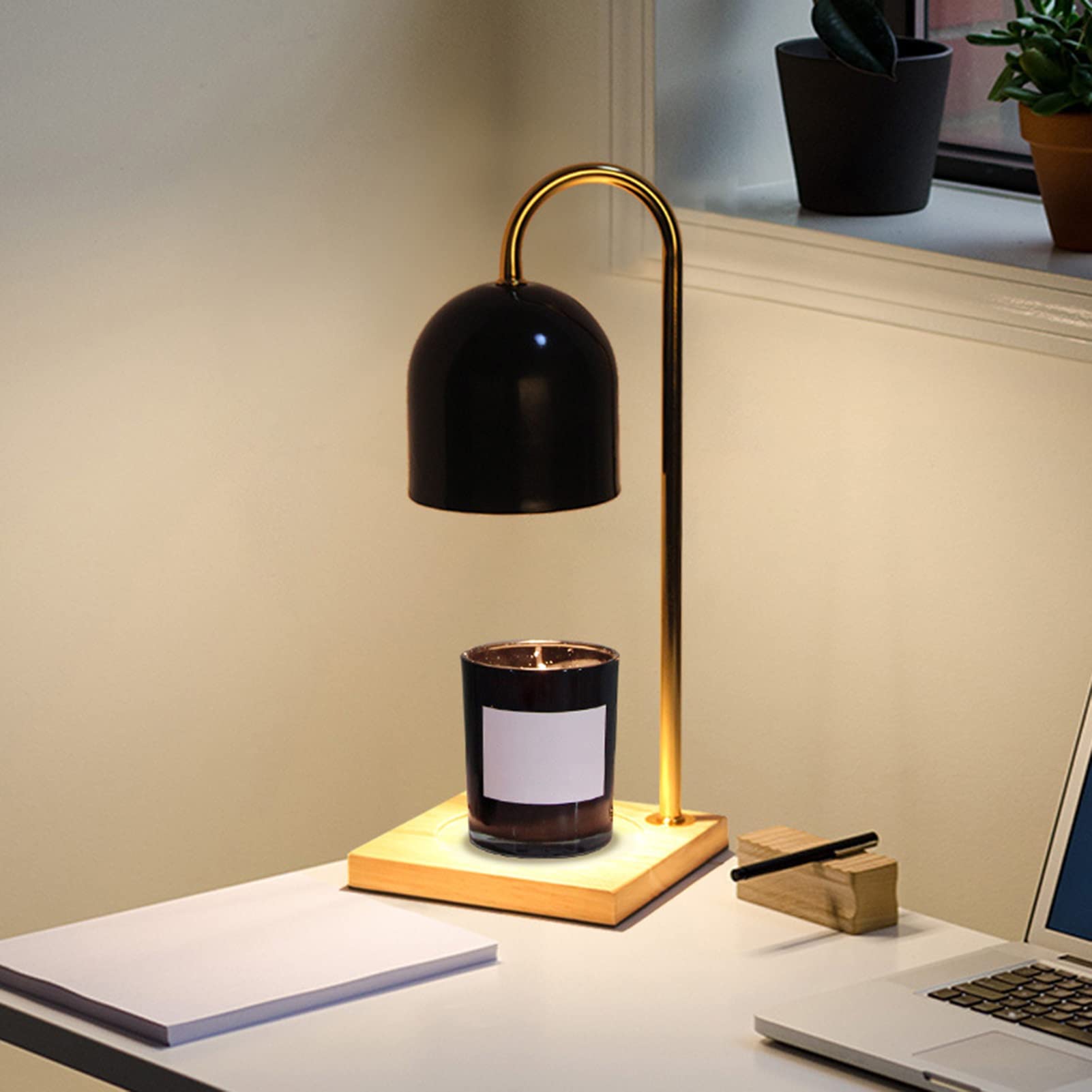 Electric Candle Warmer Lamp with Wooden Base - Dimmable Flameless Wax Melter for Aromatherapy, Fragrance Diffuser & Bedroom Night Light (Black, 15x33cm) - Perfect for Relaxation, Spa, Home Decor & Gift Giving