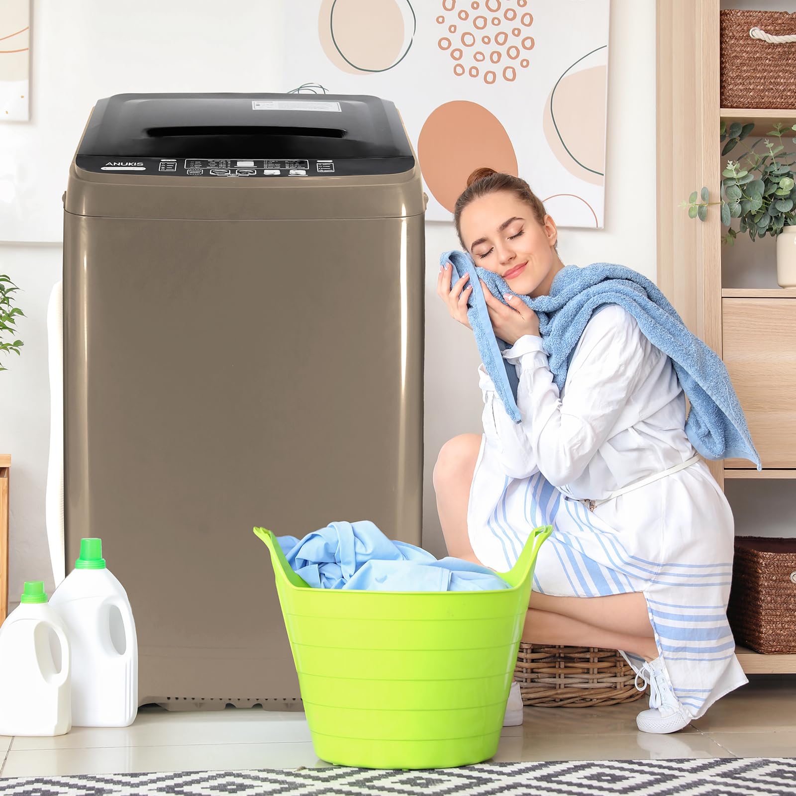 Anukis 13 lbs Portable Washing Machine - Fully Automatic Compact Washer with Drain Pump, 10 Wash Programs & 8 Water Levels - Perfect for Apartments, Dorms, RVs & Travel - Gold | Space-Saving Laundry Solution for Small Homes & Camping