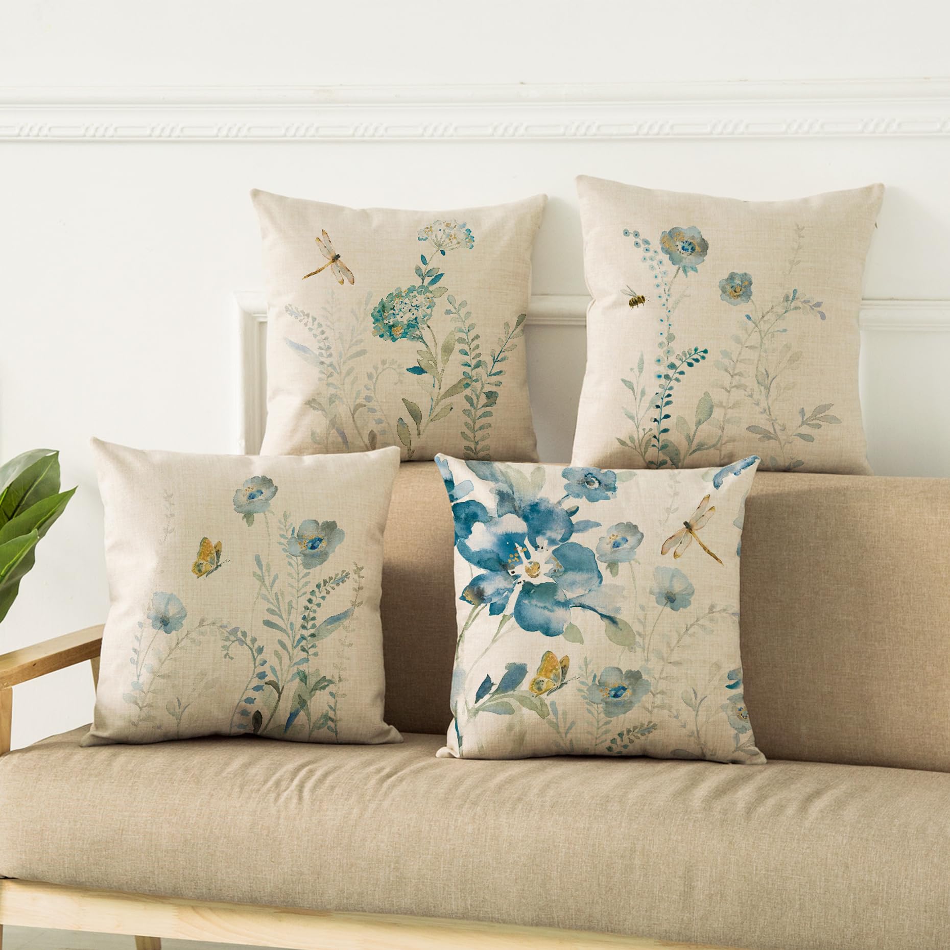 WOMHOPE 18x18 Inch Burlap Throw Pillow Covers - Pack of 4, Blue Floral Bird Butterfly Design for Sofa, Couch & Home Decor | Perfect for Living Room, Bedroom & Seasonal Decoration