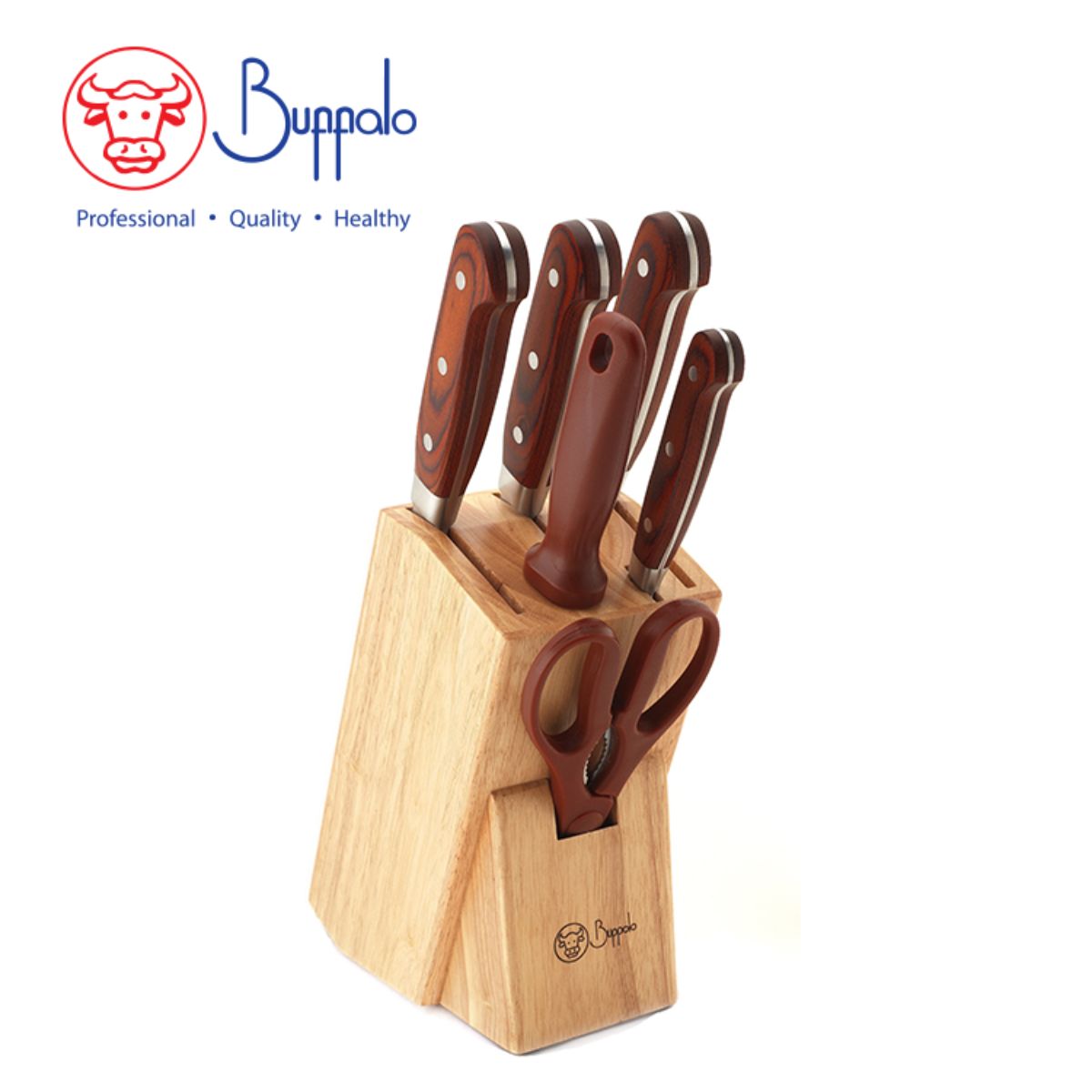 Buffalo 7-Piece Chinese Chef Knife Set with Bakelite Handles & Oak Wood Display Stand - Perfect for Professional Chefs, Home Cooking, and Kitchen Decor