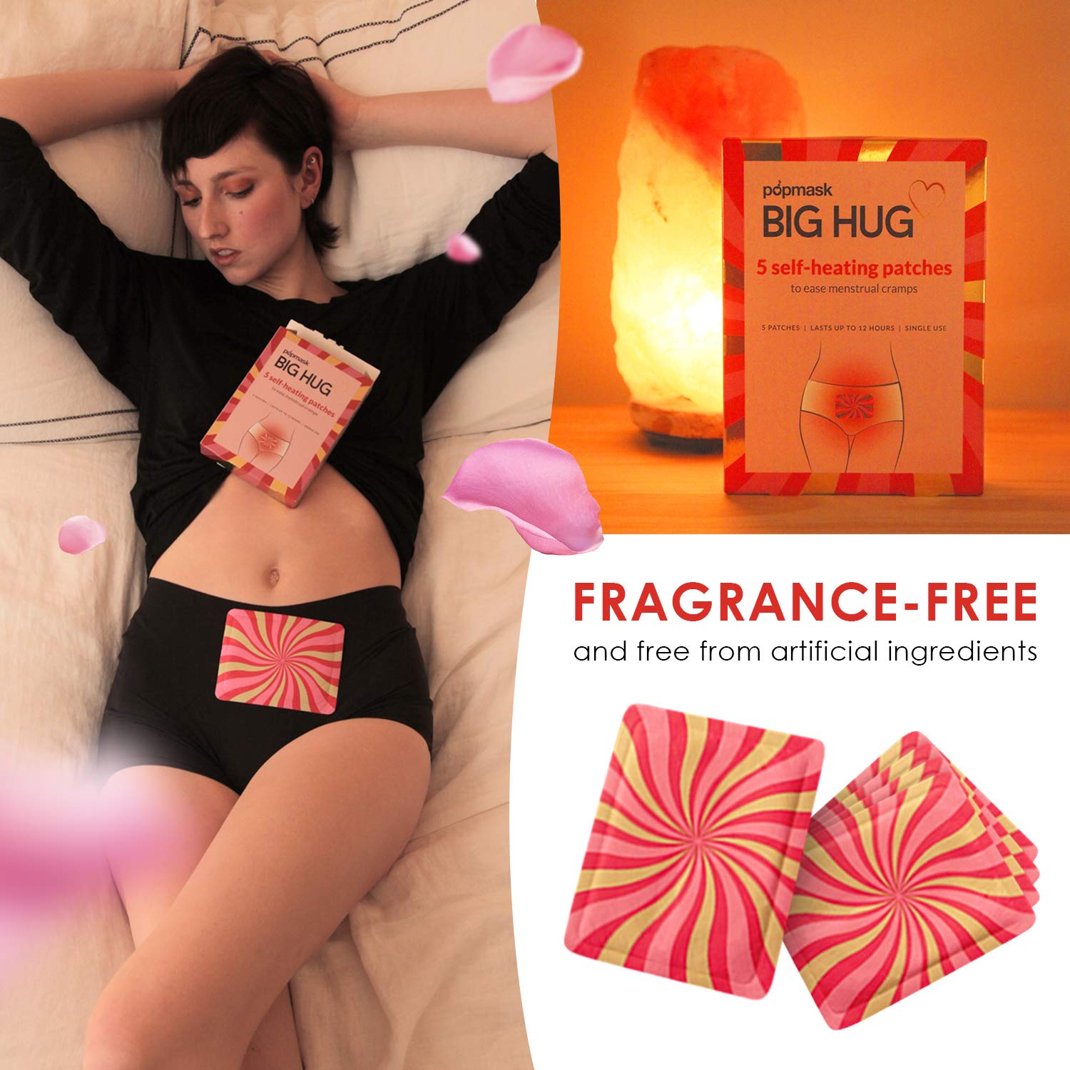 POPBAND Big Hug Heating Patches for PMS & Menstrual Cramp Relief - Soothing Warmth for Period Pain, Back Pain & Muscle Discomfort - Perfect for Work, Travel & Home Use