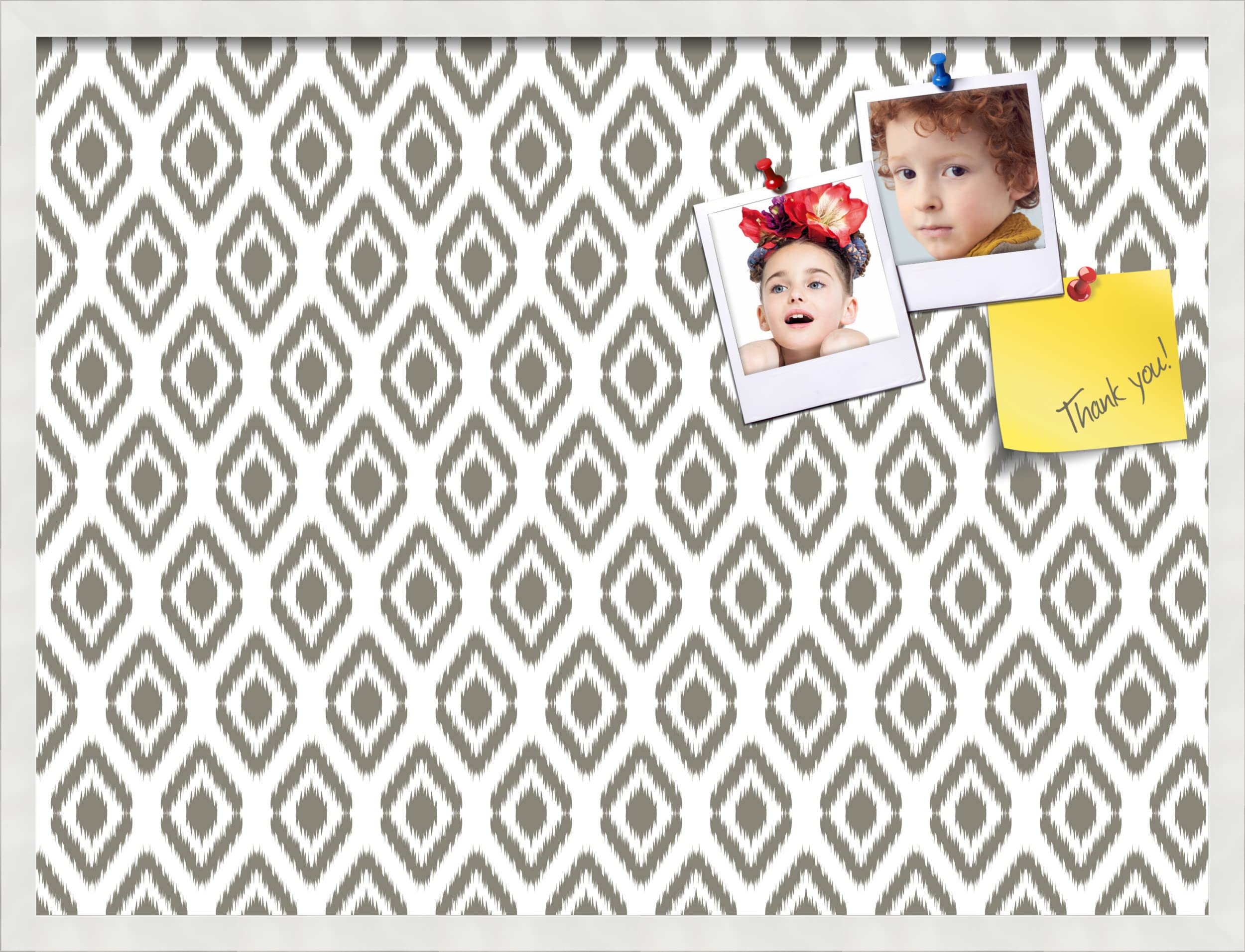 PinPix 32x24 Inch Cork Bulletin Board with Ikat Pewter Design & Satin White Frame - Decorative Framed Pin Board for Home Office School Decor - Perfect for Notes, Photos, Reminders & Wall Organization