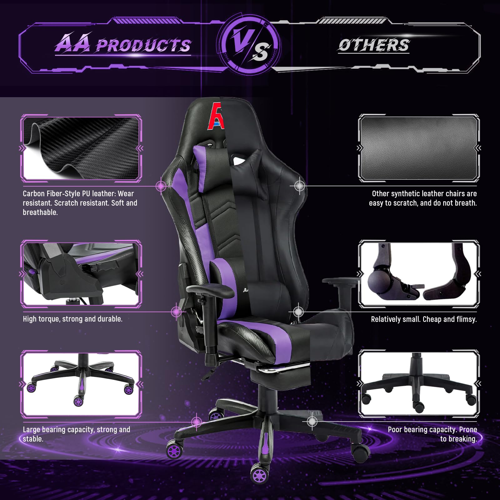 AA Products Ergonomic Gaming Chair - High Back Racing Style Computer Chair with Adjustable Lumbar Support, Footrest & 360° Swivel (Black-Purple) - Perfect for Esports, Streaming & Home Office Workstations