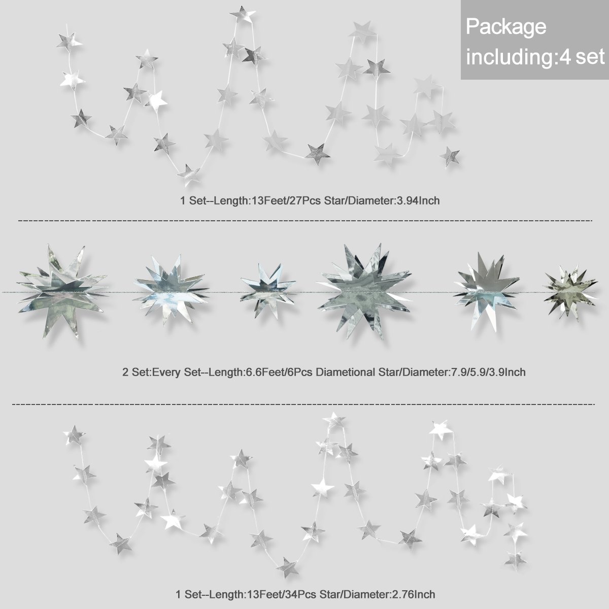 Pinkblume Silver Star Garland Party Decorations Kit - 3D Metallic Bunting Banner for Christmas, Holiday, Birthday, Wedding & Baby Shower - Hanging Decor for Nursery, Home & Office (4 Pack) - Perfect for Festive Celebrations, Room Decor & Photo Backdrops