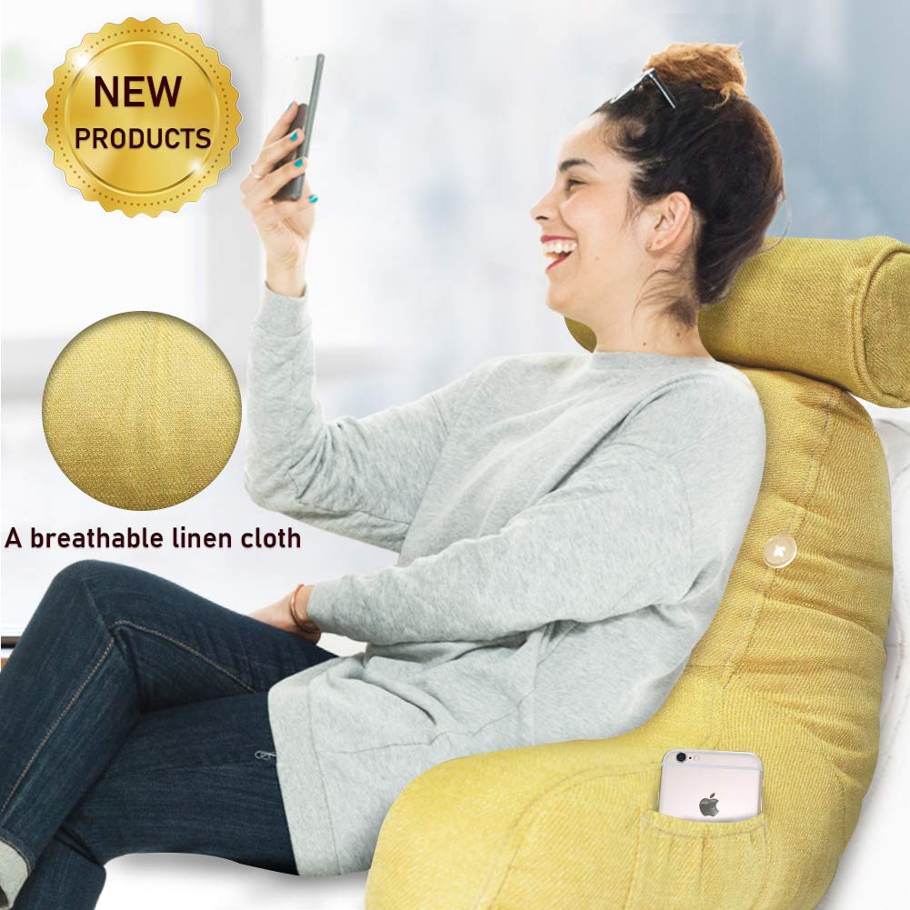 SUNSIDE Reading Pillow for Adults - Detachable Neck Roll & Arm Support, Washable Cotton Linen Cover - Perfect for Bed Sitting, Studying, Gaming, Watching TV, and Relaxing in Lounge