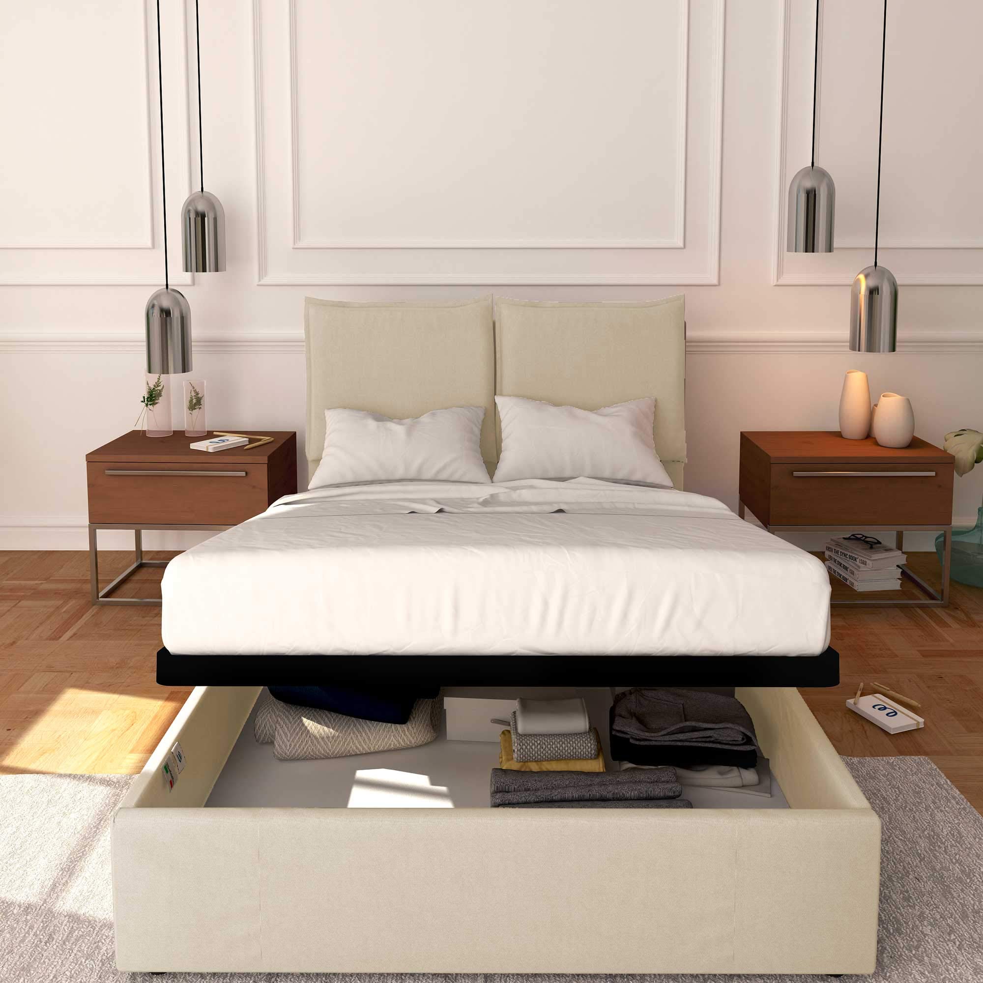 Baldiflex Licia Queen Size Storage Bed with Upholstered Headboard - Synthetic Leather, Slatted Base for 140x200cm Mattress, Beige - Perfect for Master Bedrooms & Guest Rooms