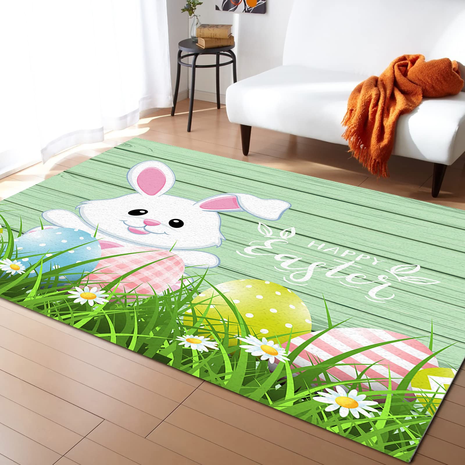 Non-Shedding Thick Rug Pad - 60x96 Inch Home Carpet Protector for Wood Floors | Non-Slip Area Rug Underlay with Floral Green Easter Bunny Egg Design | Perfect for Living Room, Bedroom & Kitchen Decor
