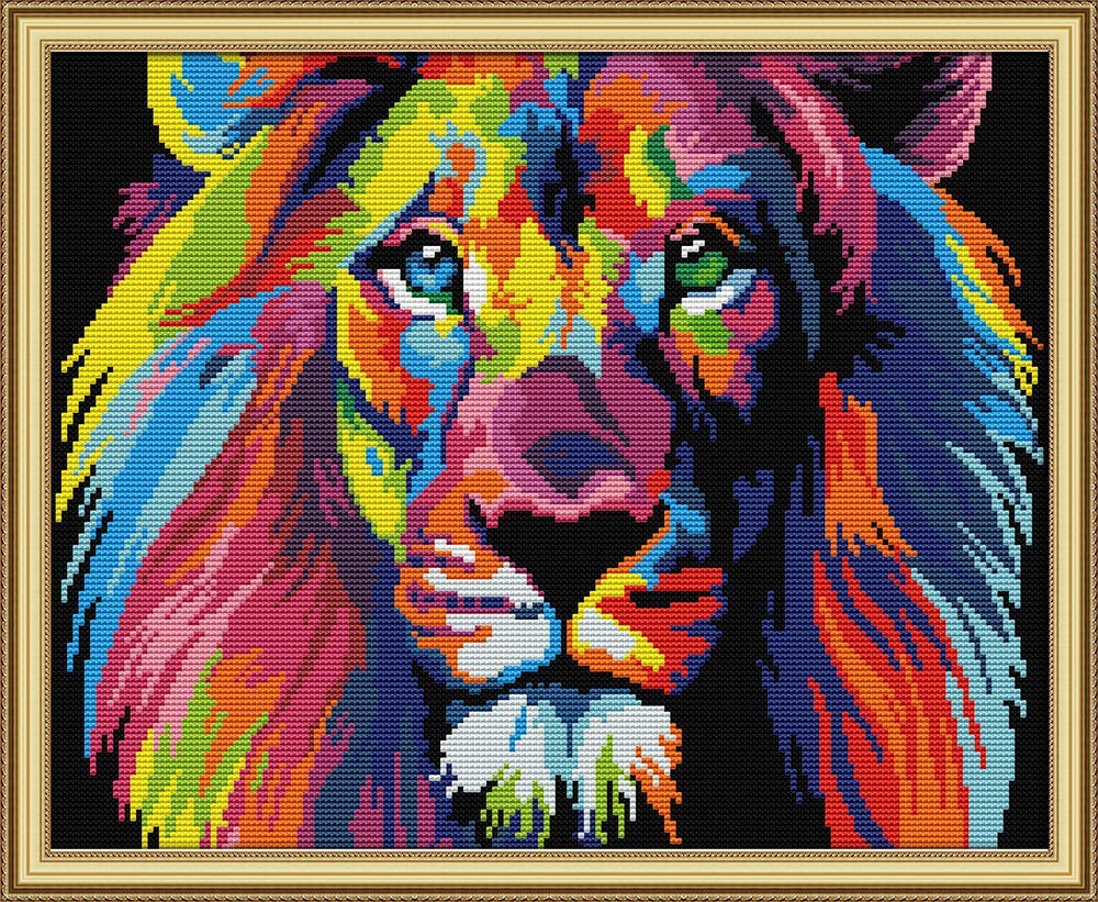 Joy Sunday 11CT Stamped Cross Stitch Kit - DIY Hand Embroidery Needlework Kit for Adults, Colorful Lion Design - Perfect for Home Decor, Gifts & Relaxation Hobbies