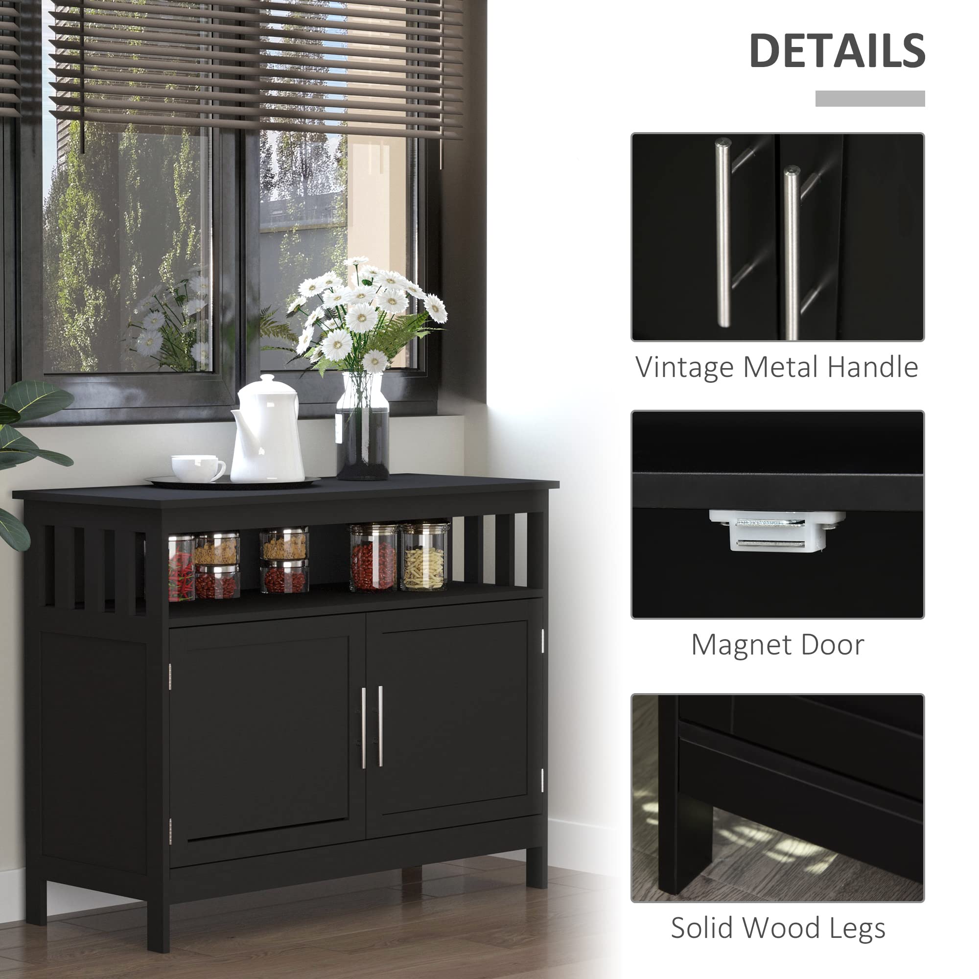 HOMCOM Modern Sideboard Buffet Cabinet with 2-Tier Shelf & Open Storage - Black Coffee Bar Cabinet for Dining Room, Living Room & Kitchen Organization
