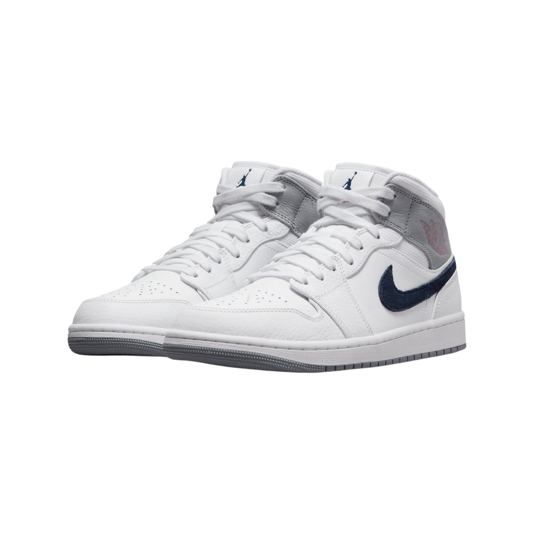 Air Jordan 1 Mid Sneakers - Paris White/University Red/Stealth/Midnight Navy Colorway - Perfect for Basketball, Streetwear & Casual Outfits