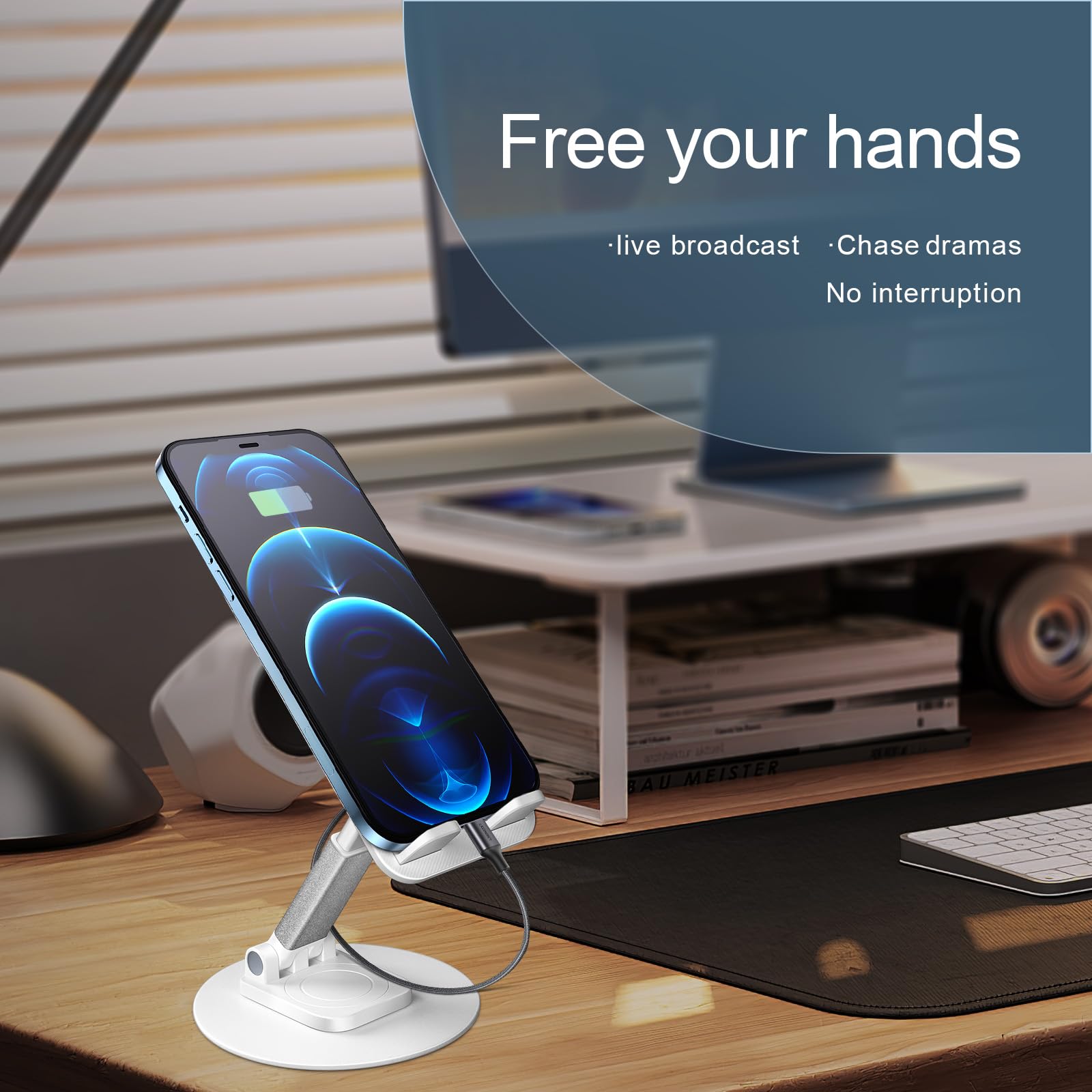 Adjustable 360° Rotating Phone Stand - XcaseBar Universal Cell Phone Holder for All Smartphones (White) | Perfect for Desk, Bedside, Office & Video Calls