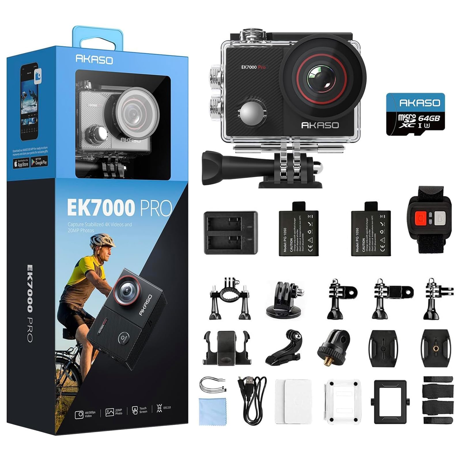 AKASO EK7000 Pro 4K Waterproof Action Camera with Touch Screen, EIS Stabilization, 131ft Underwater Depth & Helmet Accessories Kit - Includes 64GB U3 microSDXC Card - Perfect for Surfing, Diving, Skiing & Extreme Sports Adventures