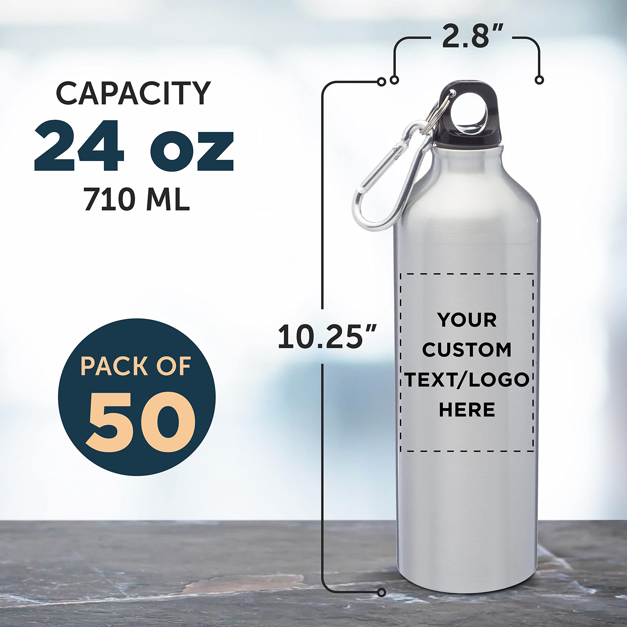 Custom 24 oz Aluminum Water Bottles with Carabiner - Bulk Pack of 50 Personalized Sports Bottles - Ideal for Gym, Hiking, Camping, Running & Outdoor Activities - Silver Water Bottle for Athletes & Fitness Enthusiasts