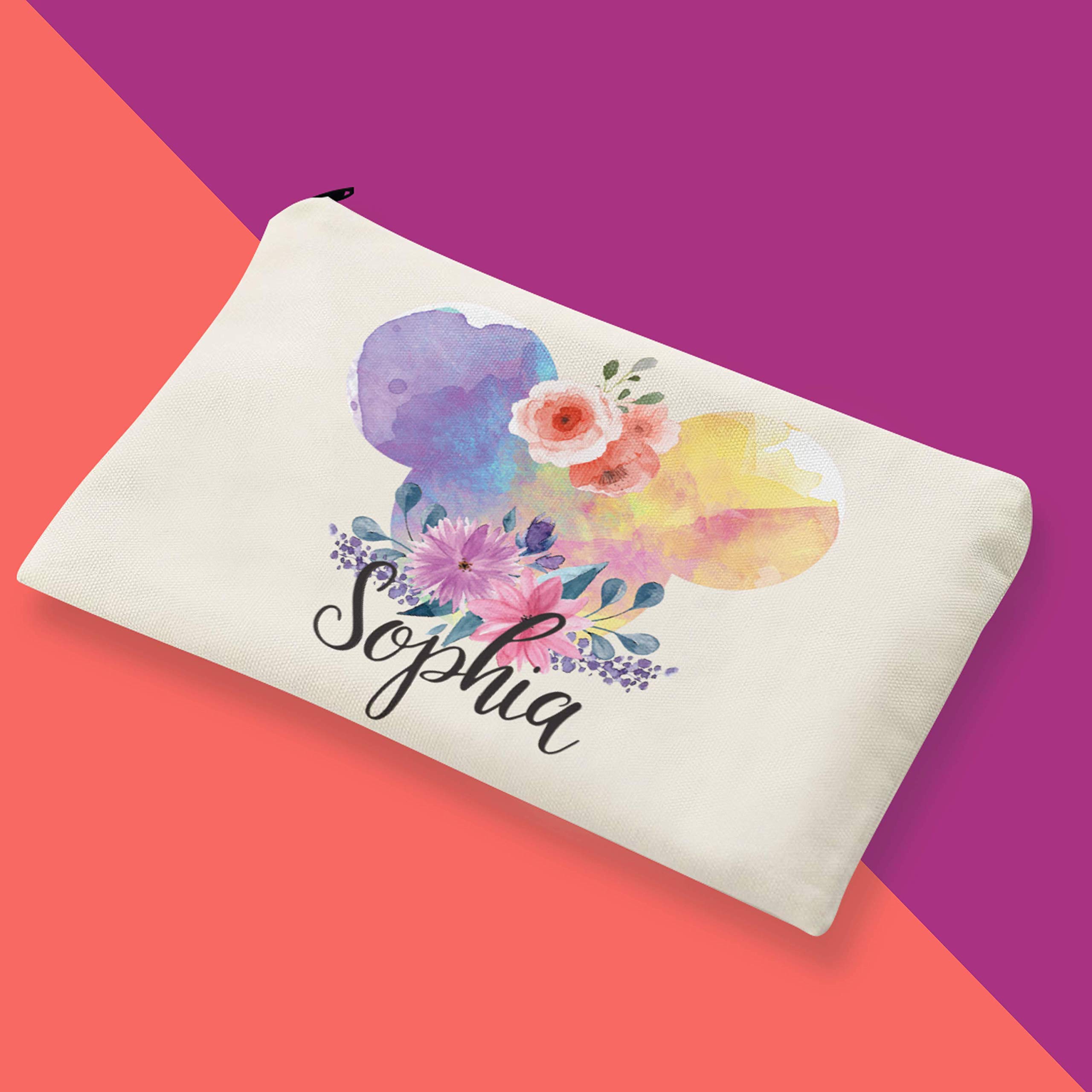 Personalized Name Makeup Bag - Custom Funny Cosmetic Pouch with Mickey Mouse Watercolor Floral Design (10