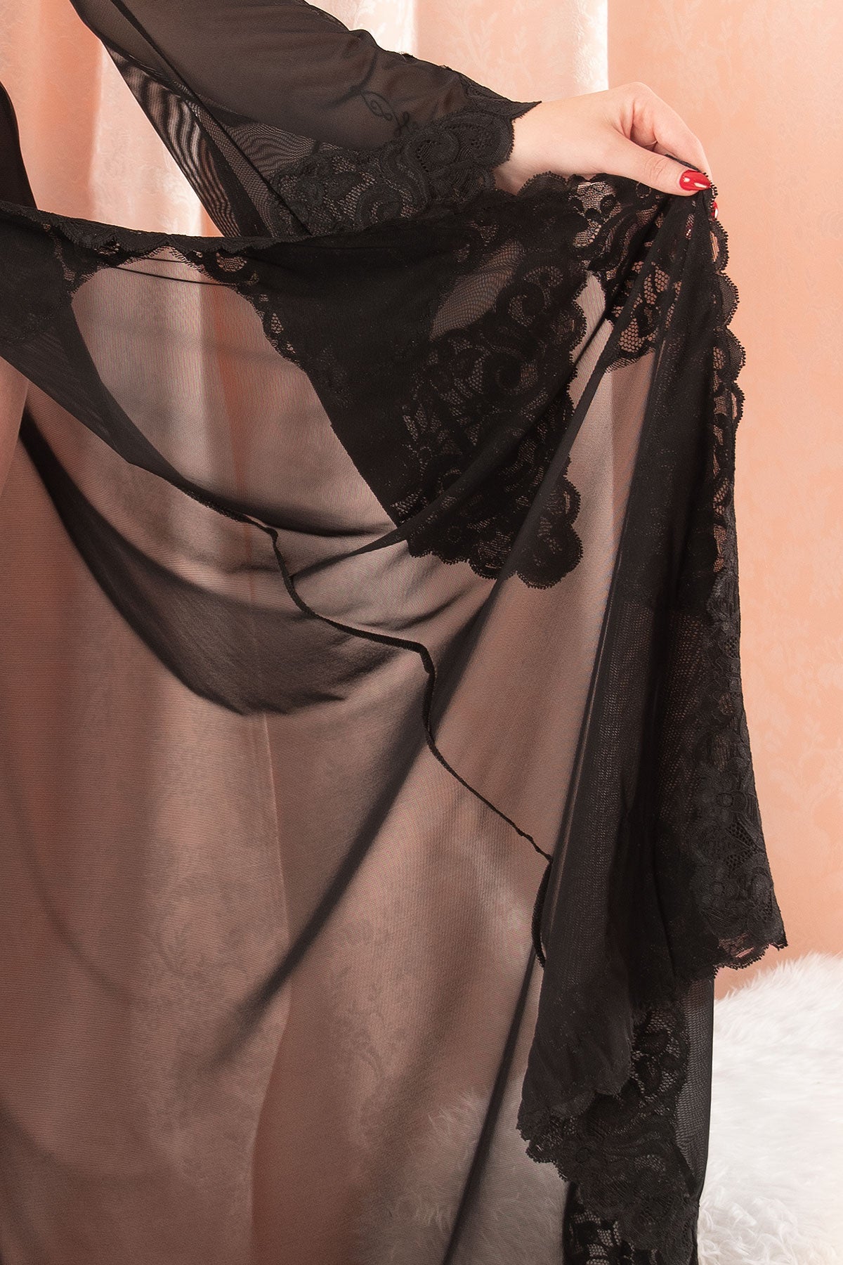 Isadora Long Plunge Robe - Elegant Lace Kimono Cover Up for Women, Sexy Sheer Bathrobe for Boudoir, Bridal Lingerie & Special Occasions
