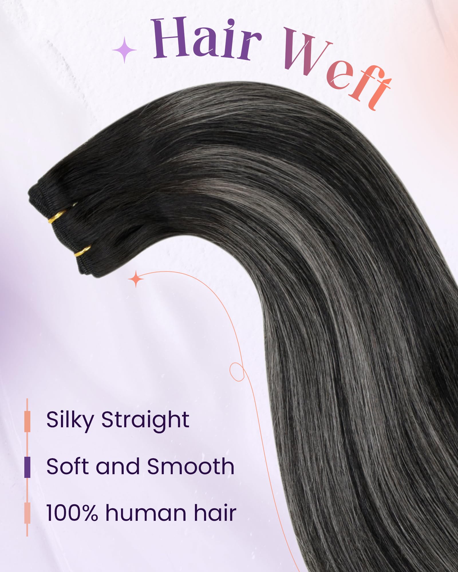 LaaVoo 20 Inch Human Hair Weft Extensions - 100% Real Human Hair, Natural Black Ombre Silver Grey Mix - Sew in Weft Hair Extensions for Black Women (100g) | Perfect for Daily Styling, Special Occasions & Protective Hairstyles