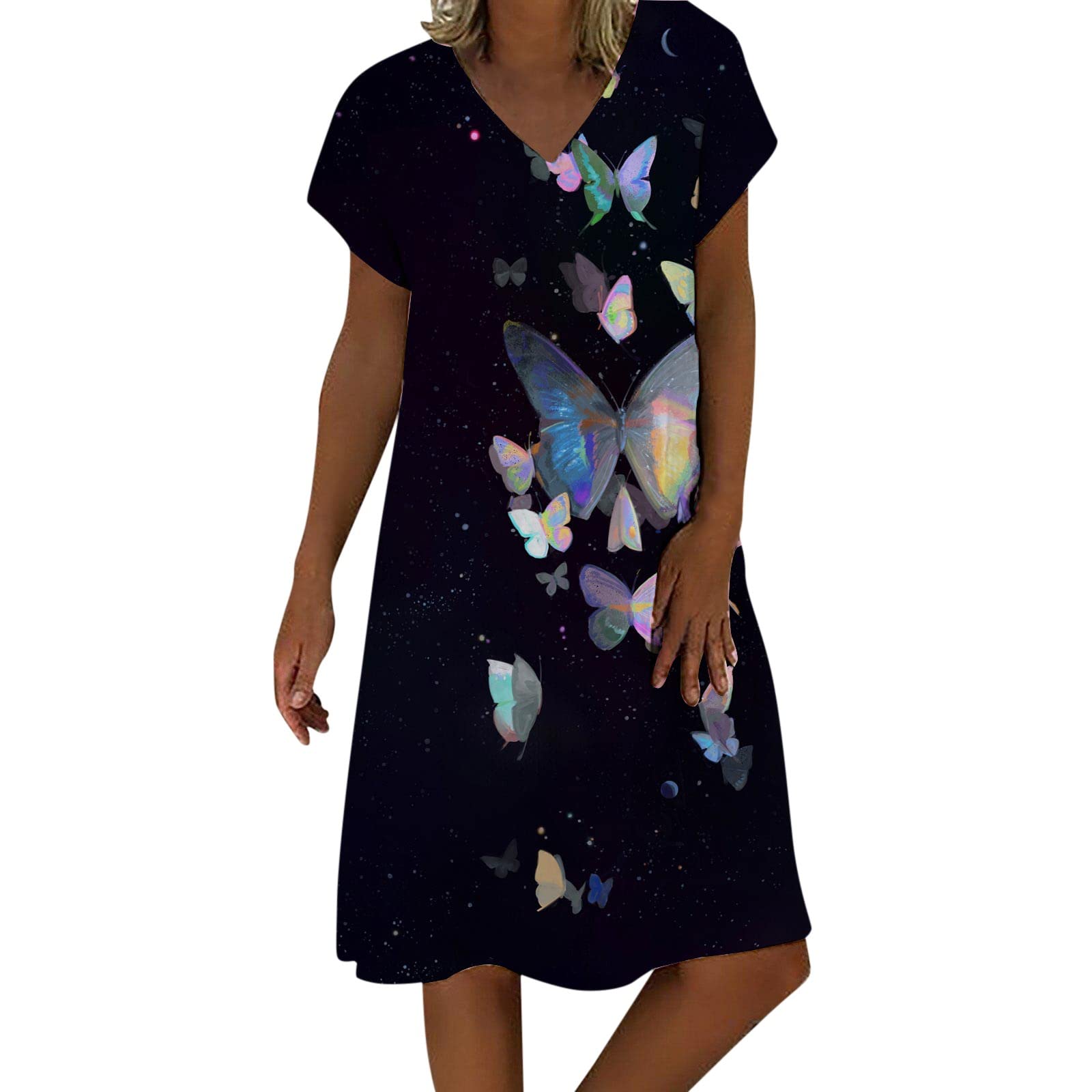 MILAX Women's Floral Print V-Neck Summer Dress - Short Sleeve Casual Sundress for Beach, Vacation & Everyday Wear | Lightweight Comfortable Ladies Dress for Outdoor Activities, Pool Parties, Date Nights | Perfect Summer Outfit for Travel, Shopping, Brunch | Great for Beach Cover-Up, Resort Wear & Summer Weddings | Ideal for Tropical Getaways, Picnics, Weekend Outings & Outdoor Dining