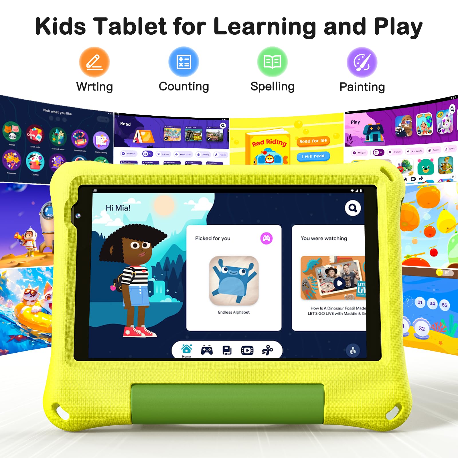 Android 14 Kids Tablet 8 Inch - Octa-Core 8GB RAM 64GB Storage - Child Learning Tablet with WiFi 6, Bluetooth 5.4, Parental Control & EVA Protective Case - Perfect for Toddler Education, YouTube Kids & Home Learning (Yellow)
