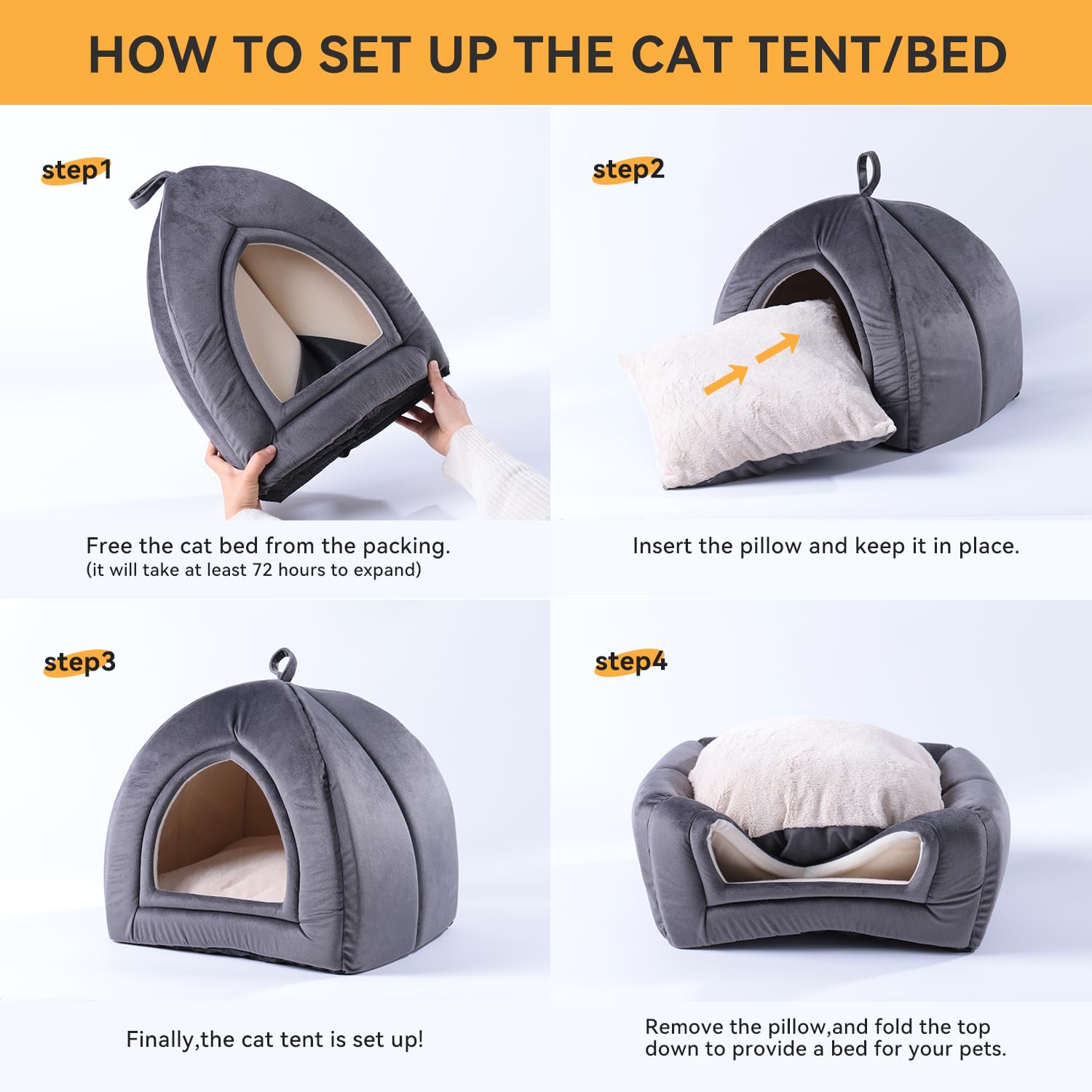 KASENTEX 2-in-1 Cat Bed & House for Indoor Cats - Washable Pet Cave Tent with Removable Cushion for Kittens, Small Cats & Dogs (15x15x15 Grey) - Perfect for Living Room, Bedroom & Pet Play Areas