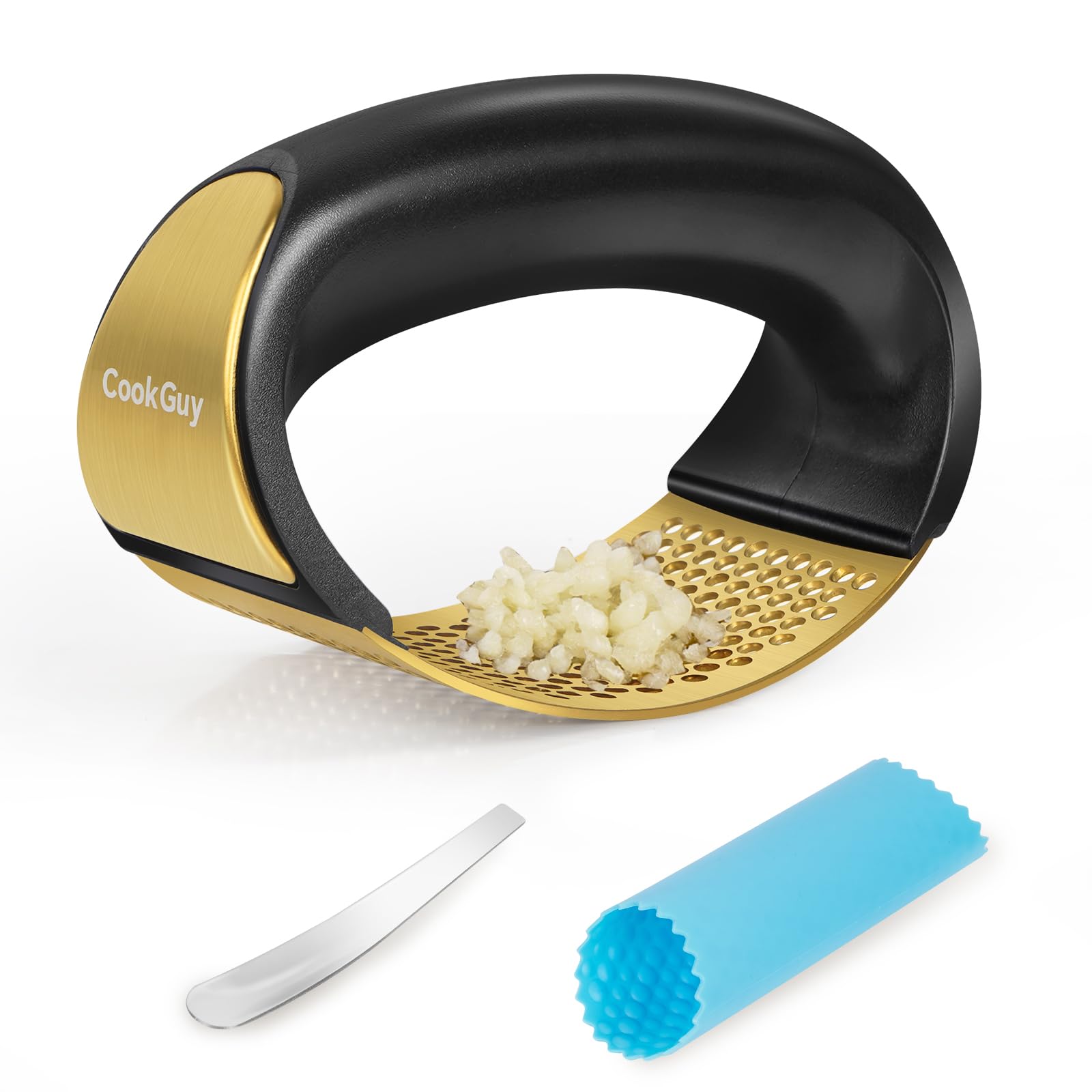 Premium 304 Stainless Steel Garlic Press Rocker Set - Heavy Duty Garlic Mincer, Crusher & Peeler with Comfortable Non-Slip Grip - Kitchen Gadget for Effortless Garlic Chopping, Sautéing & Cooking (Gold)