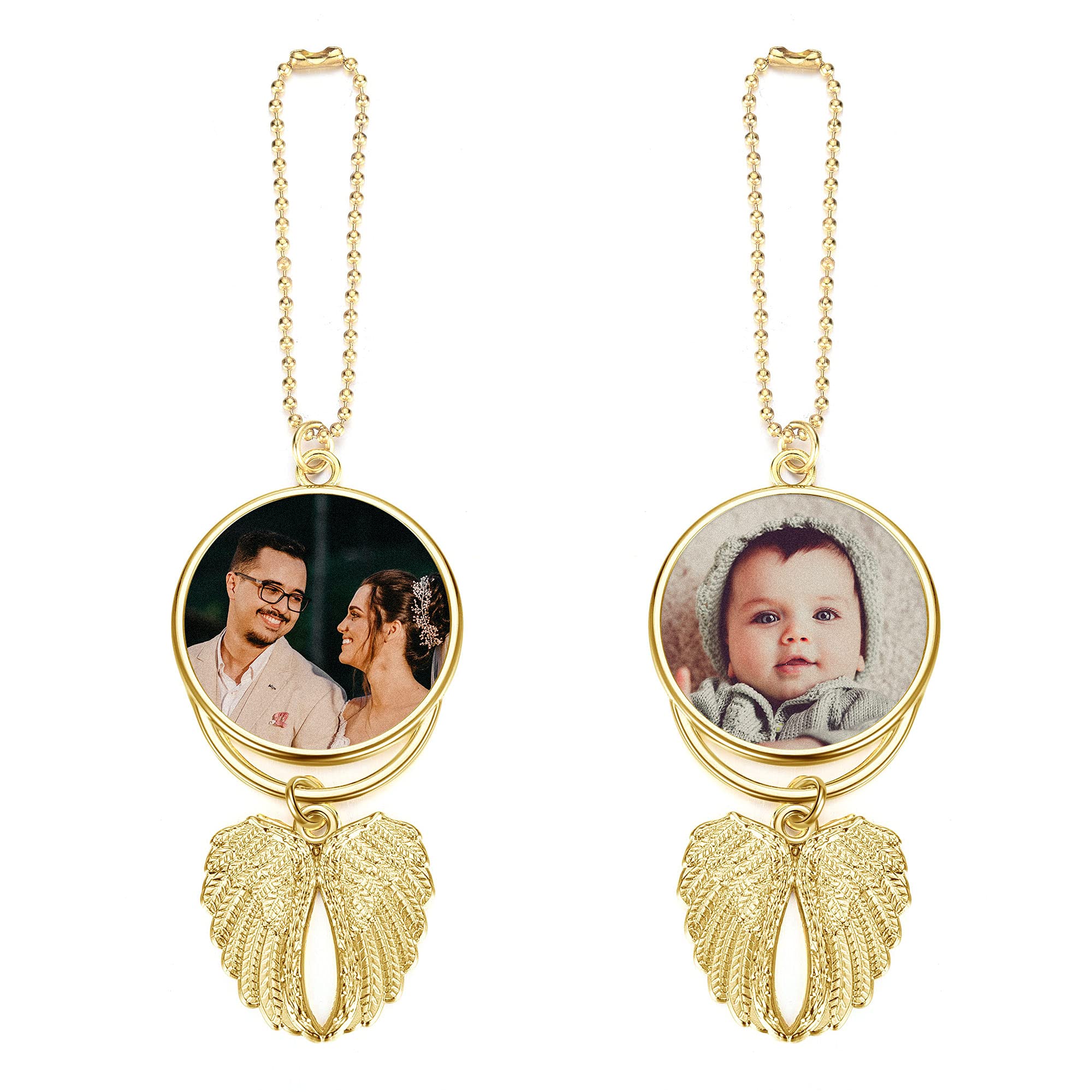 Custom Photo Rearview Mirror Car Charm - Double-Sided Engraved Picture Hanging Ornament with Angel Wings - Personalized Car Accessory Gift for Men & Women - Perfect for Birthdays, Anniversaries & Car Decor