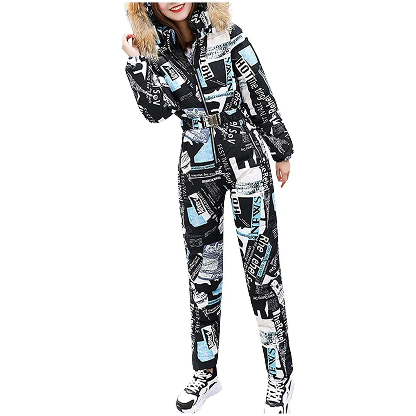 Women's Winter Snowsuit - One Piece Ski Jumpsuit with Fur Collar & Hood | Waterproof Outdoor Snowwear for Skiing, Snowboarding & Cold Weather Activities