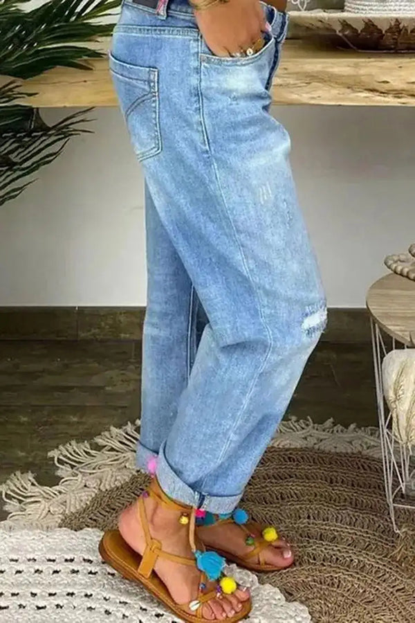 Trendy Ripped Low-Rise Button Pocket Baggy Straight Leg Jeans for Women - Casual Streetwear, Vintage Denim Pants for Everyday Wear & Outfit Styling