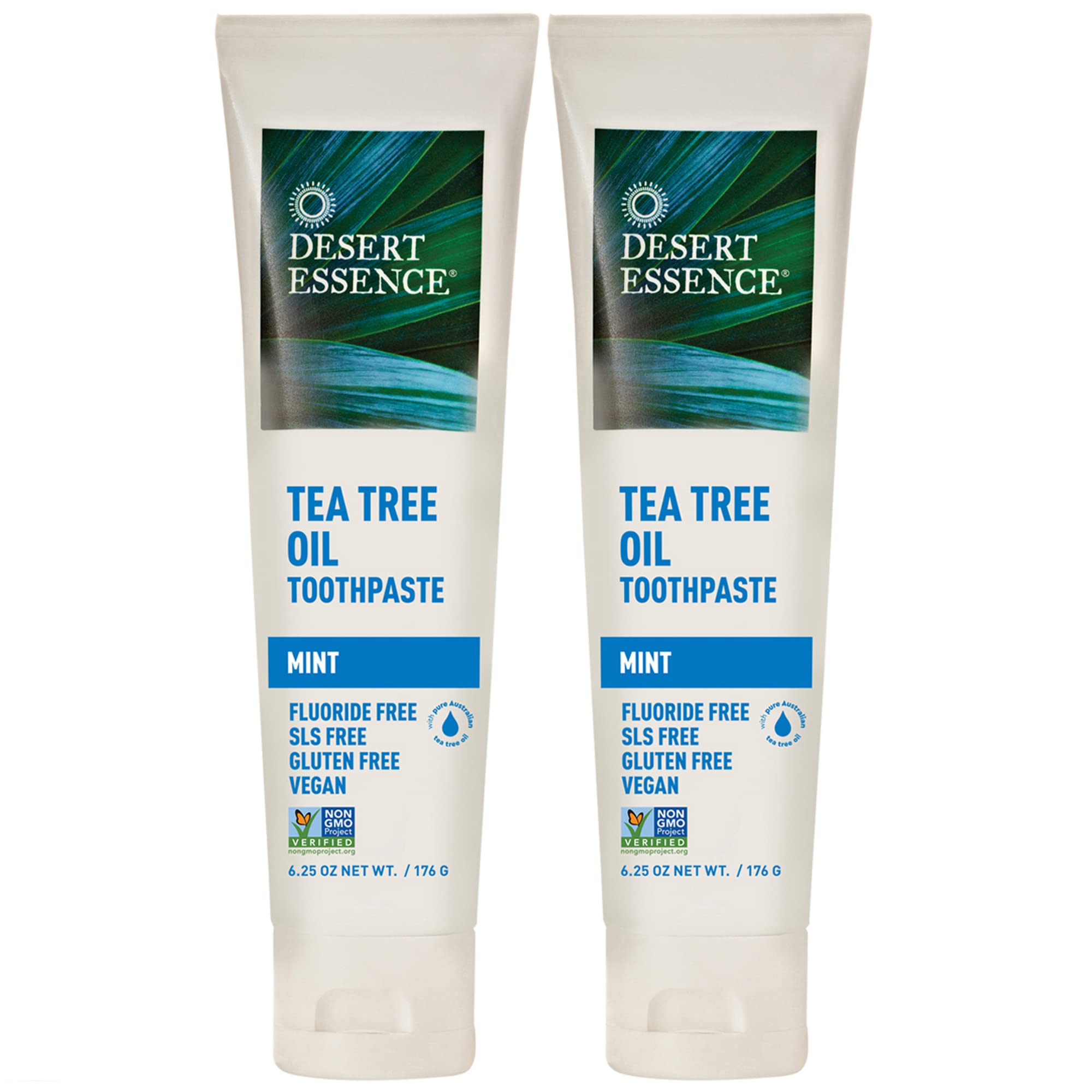 Desert Essence Tea Tree Oil Toothpaste with Mint & Baking Soda - 6.25 Oz (Pack of 2) - Natural Deep Cleaning for Teeth & Gums - Fights Plaque with Sea Salt & Essential Oils - Refreshing Oral Care for Daily Use & Travel