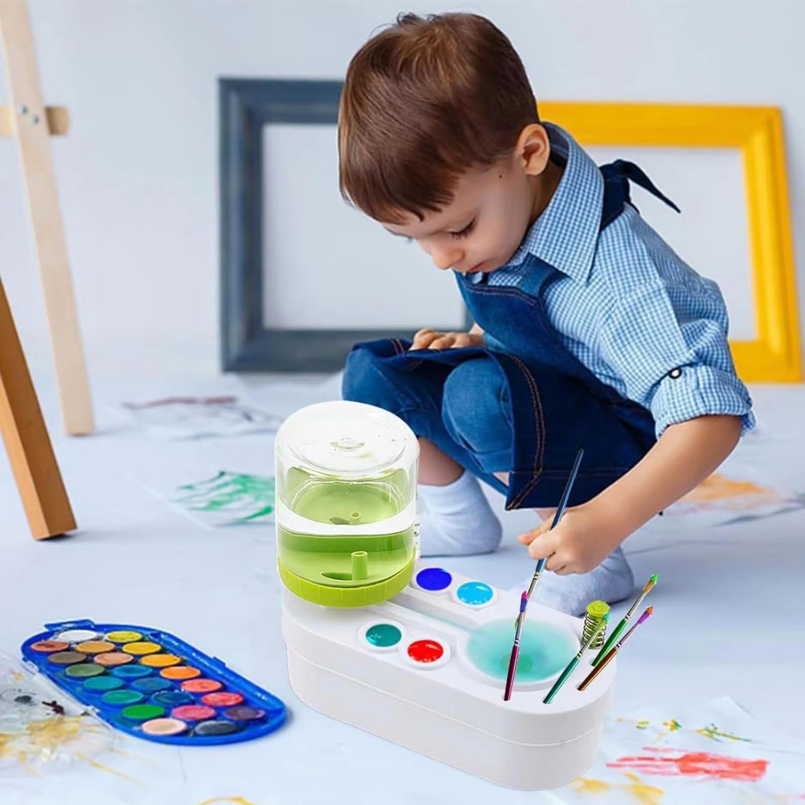 Paint Brush Rinser & Cleaner Cup with Drain Holder - Automatic Hand-Free Brush Washer for Acrylic, Watercolor & Water-Based Paints - Kids Art Station Accessories (Green, DP-DA1) - Perfect for Classroom, Home Studio & DIY Painting Projects