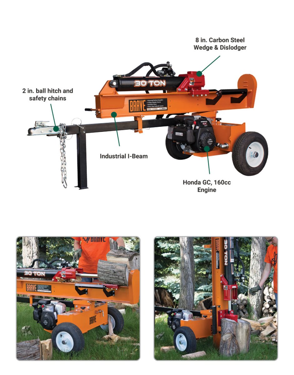 30 Ton Brave Log Splitter with Honda GC190 Engine - Heavy Duty Firewood Splitter for Home Heating, Landscaping, and Woodworking Projects