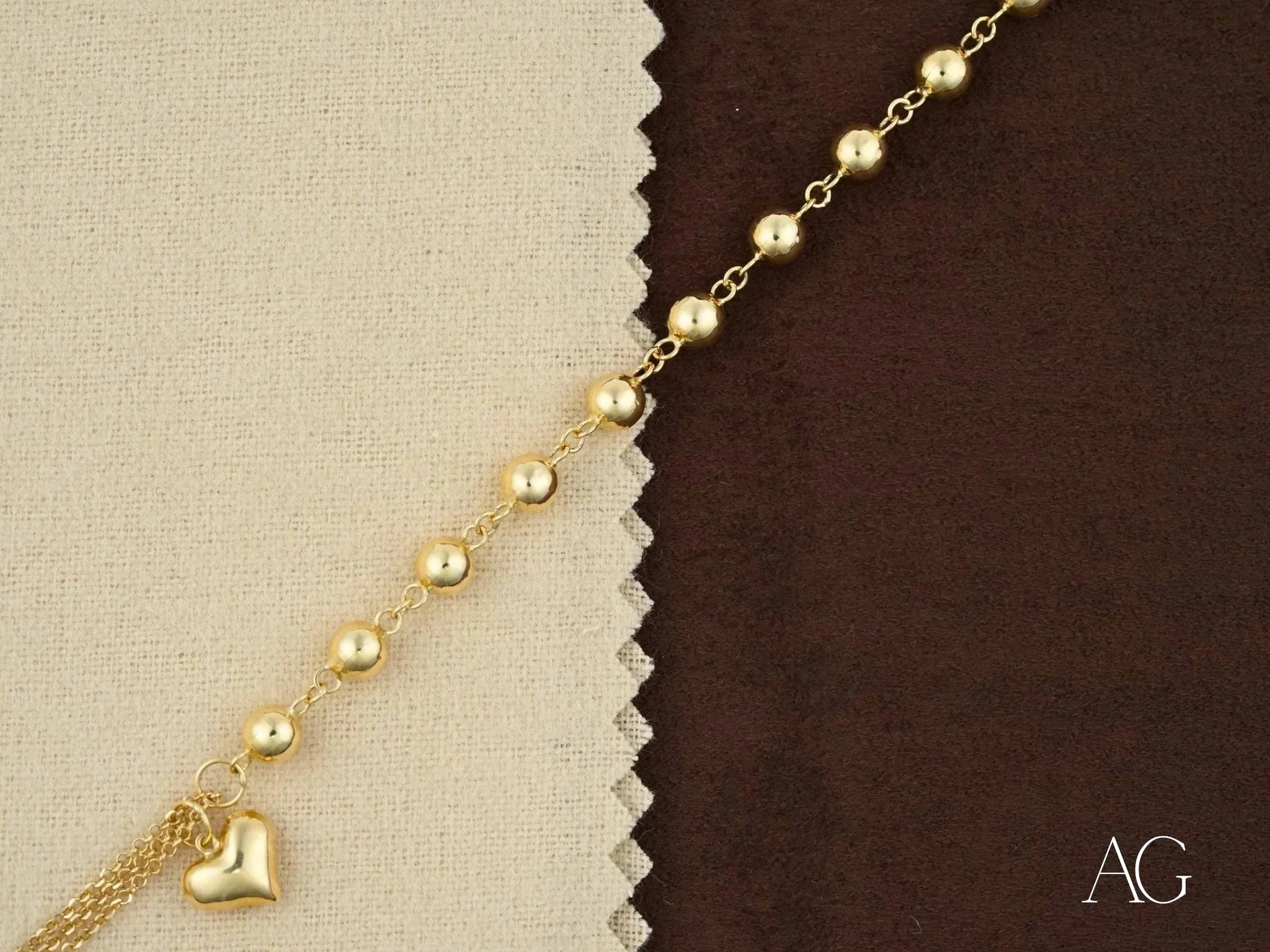18k Gold Heart Charm Bracelet with Polished Beads - Elegant Jewelry for Women, Perfect for Valentine's Day Gifts & Special Occasions