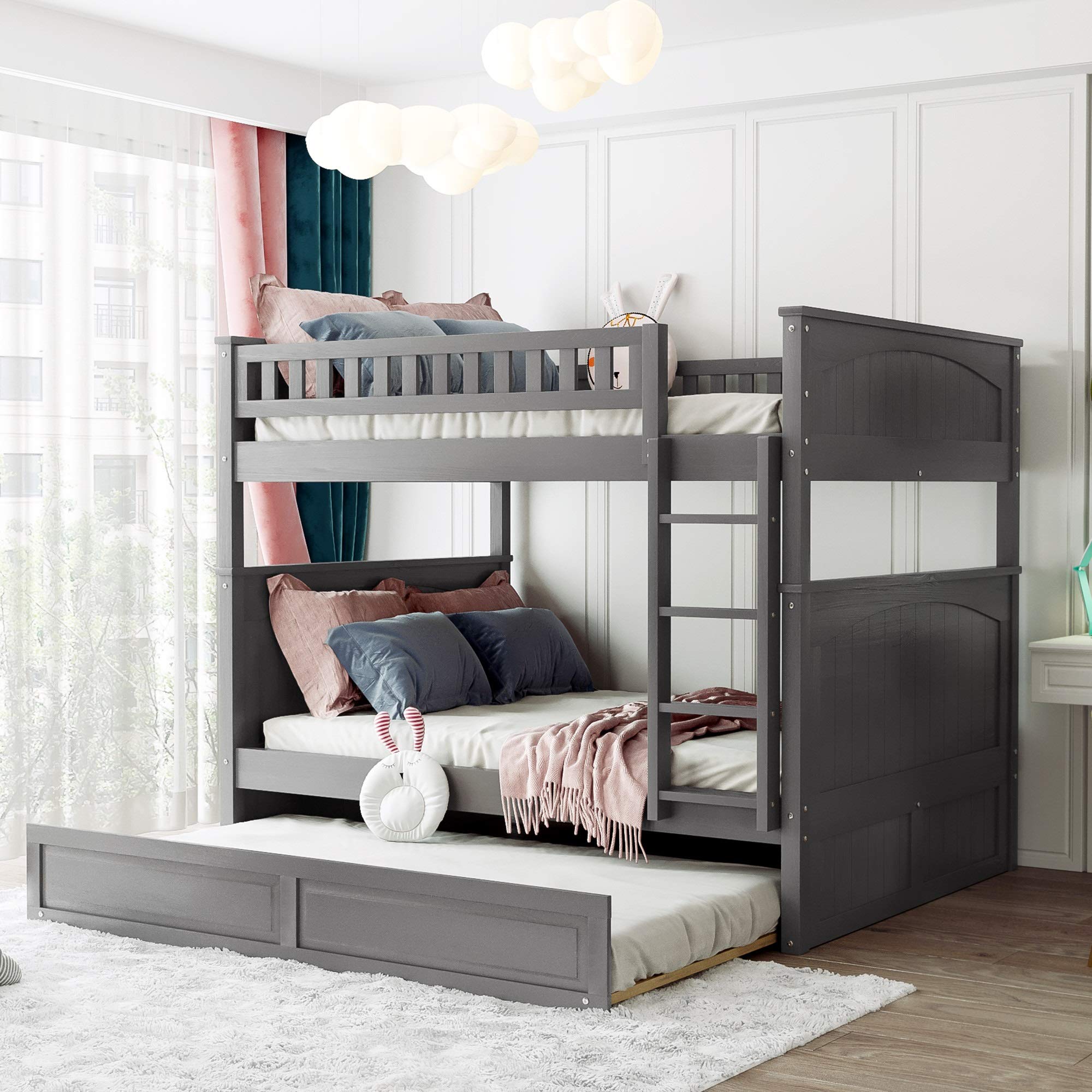 Full Over Full Bunk Bed Frame with Twin Trundle - No Box Spring Needed - Sturdy Safety Guardrails for Teens, Girls & Boys - Perfect for Kids' Bedrooms, Guest Rooms & Small Spaces