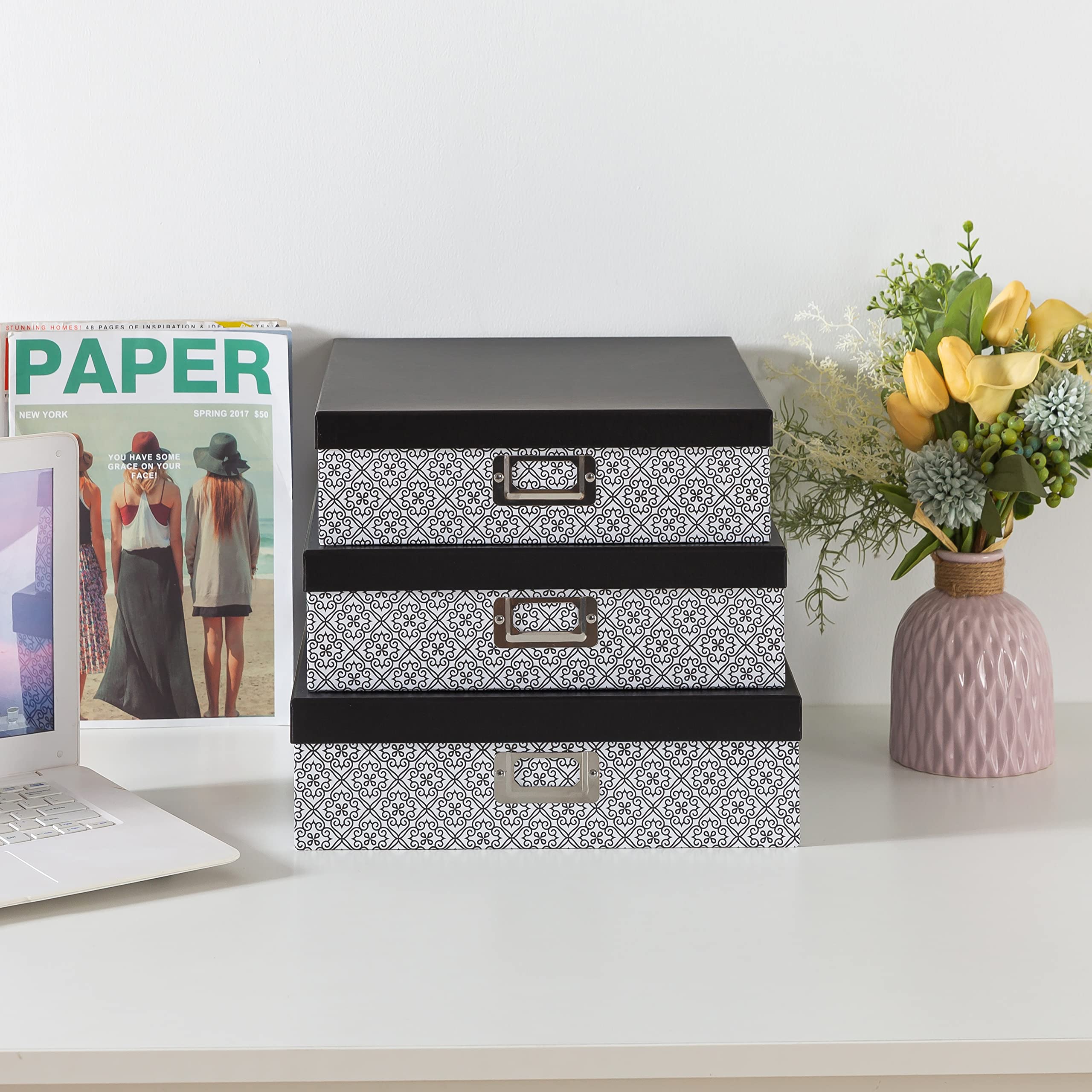 SLPR Black and White Decorative Cardboard Boxes with Lids - Set of 3 Nesting Paperboard Storage Boxes for Scrapbooking, Keepsakes, Photos, Letters & Documents | Perfect for Home Organization, Memory Keeping & Gift Wrapping