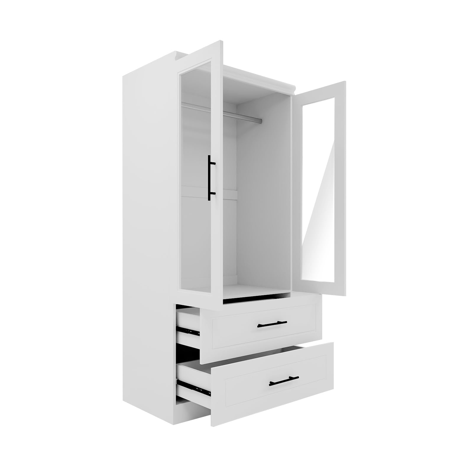 Modern White 4-Door Wooden Armoire Wardrobe Closet with Glass Doors & Hanging Rod - Spacious Bedroom Storage Cabinet for Clothes, Shoes & Accessories - Perfect for Master Bedrooms, Guest Rooms & Dorm Organization