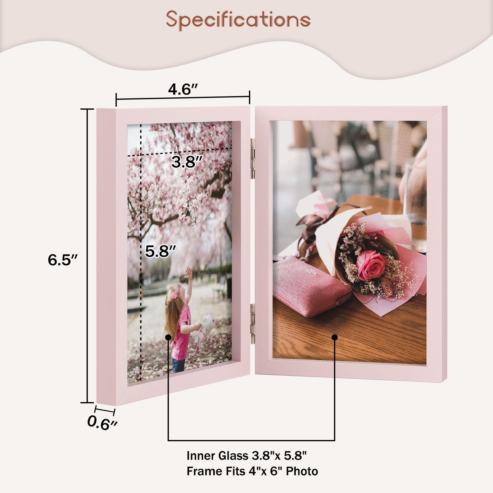 4x6 Double Hinged Photo Frames - Set of 2 Pink Folding Picture Frames for Tabletop or Desktop Display - Perfect for Family Photos, Wedding Pictures, and Home Decor