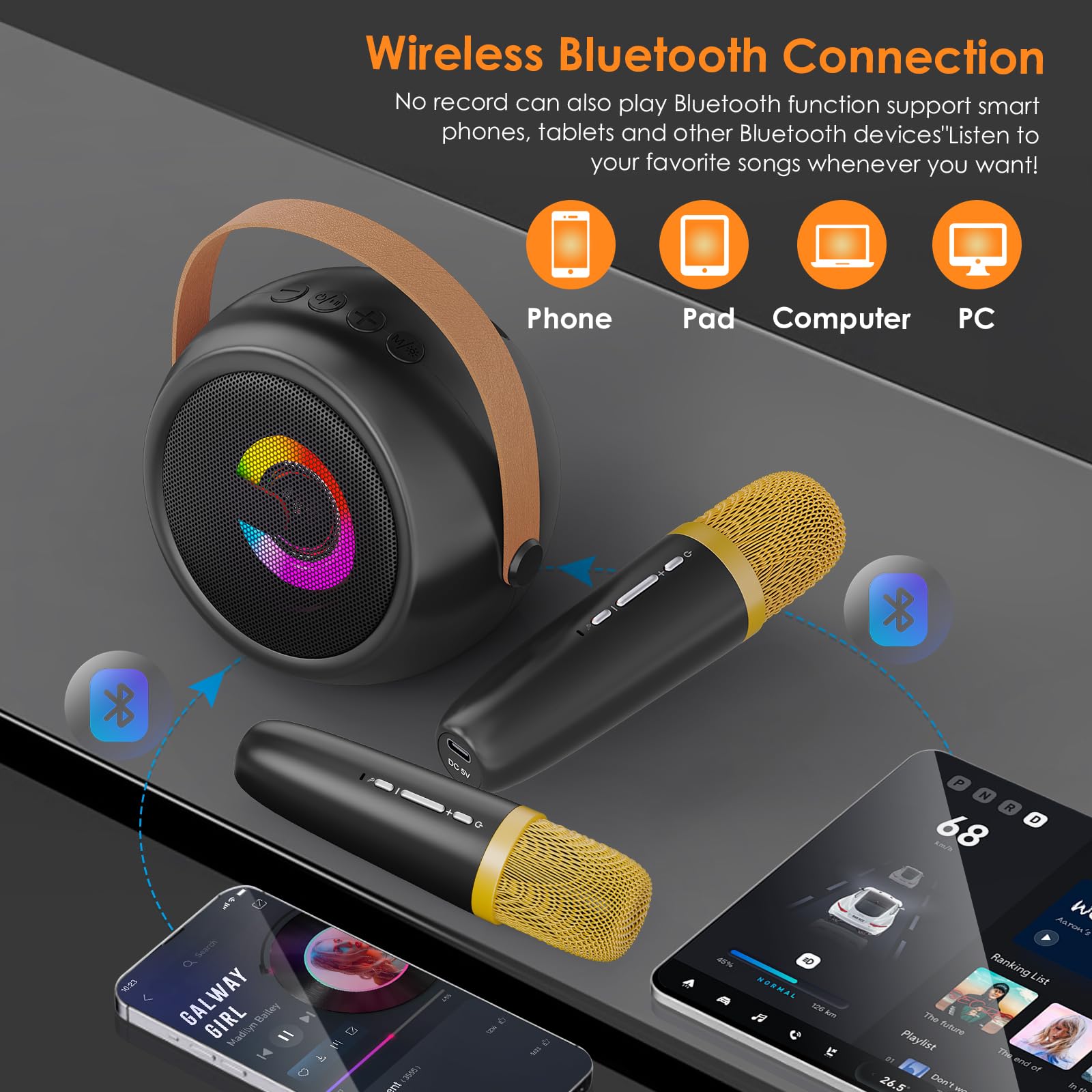 Mini Karaoke Machine for Kids - LED Wireless Portable Karaoke System with 2 Microphones | Magic Voice Technology | Perfect Christmas & Birthday Gift | Home Party, Travel Entertainment, Singing Practice (Black)